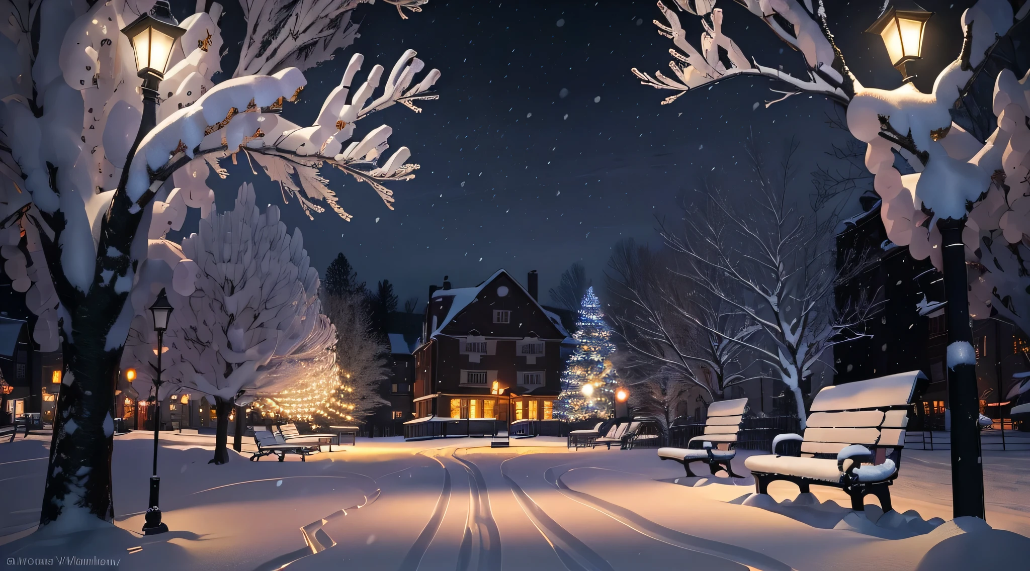 snowy night scene with benches and lights in a park, snowy night, snowy winter christmas night, beautiful winter area, winter park background, snowfall at night, snowy winter scene, winter concept art, winter night, winter setting, snowy environment, winter scene fantasy, snow scene, beautiful detailed scene, snowy winter, beautiful wallpaper, winter in the snow, glowing snow