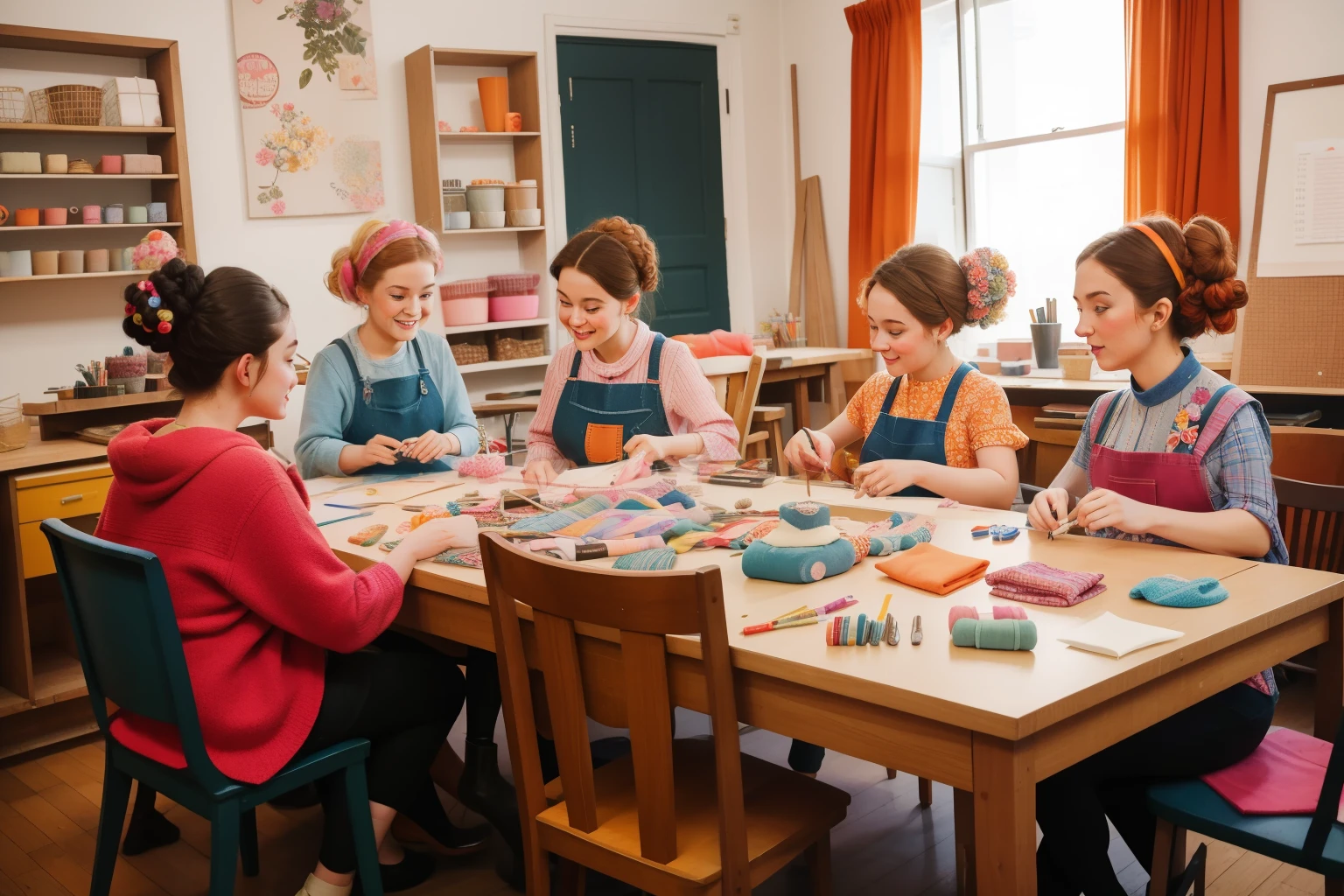 February 2023. Crafting Workshop in Amsterdam, Netherlands.

Description: Friends participate in a crafting workshop, surrounded by vibrant fabrics and quirky materials, in an Amsterdam studio. The whimsical creations and unique hairstyles reflect Wes Anderson's creative flair.