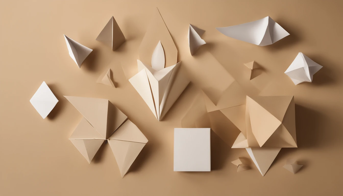 a flat-lay shot of various geometric shapes made out of paper, arranged on a neutral background, showcasing the clean lines and precise cuts, with a focus on symmetry and balance