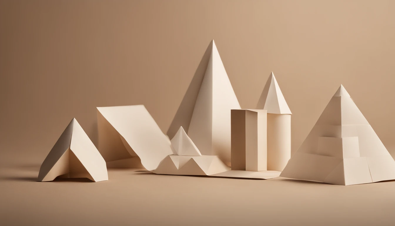 a flat-lay shot of various geometric shapes made out of paper, arranged on a neutral background, showcasing the clean lines and precise cuts, with a focus on symmetry and balance