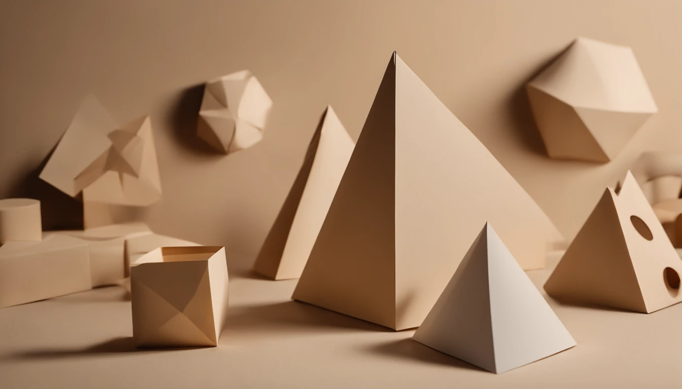 a flat-lay shot of various geometric shapes made out of paper, arranged on a neutral background, showcasing the clean lines and precise cuts, with a focus on symmetry and balance