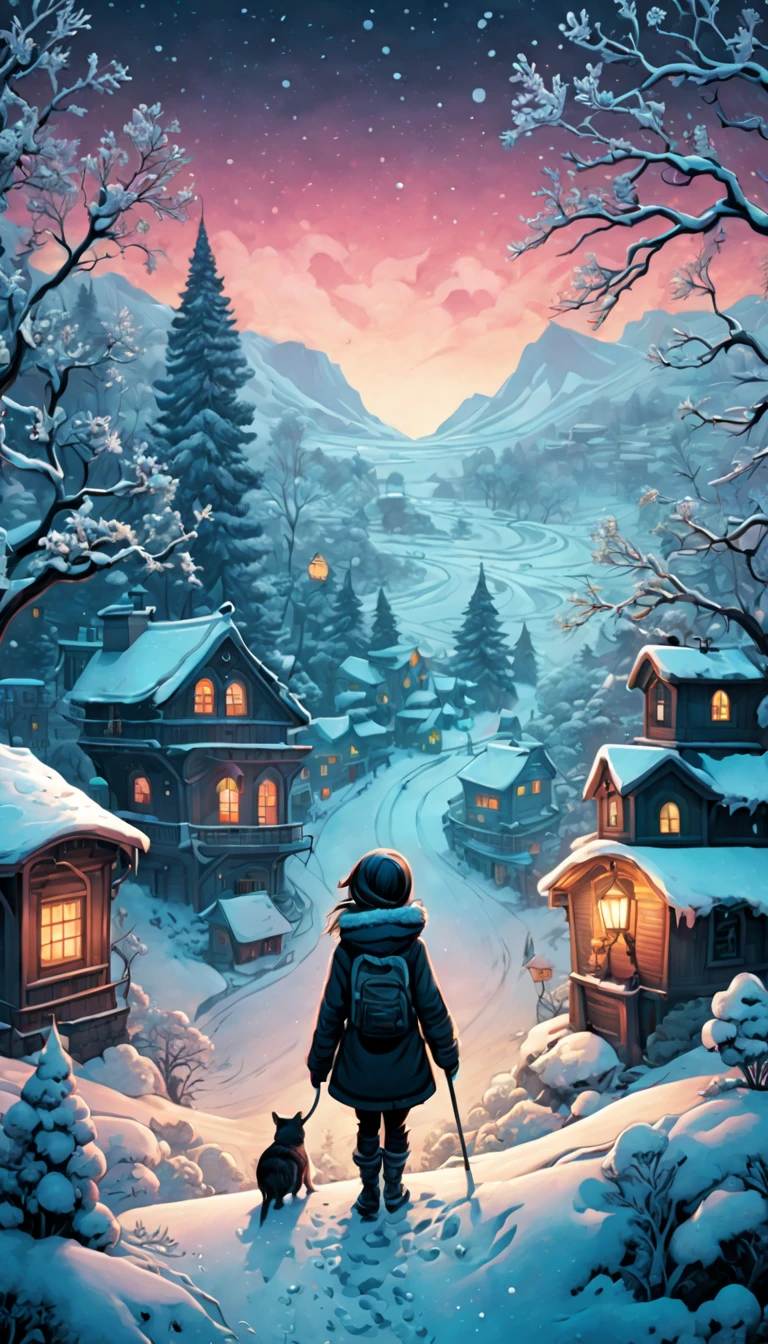 35mm, F/2.8, (RAW Photo, Best Quality), ((Masterpiece, Best Quality, Ultra Detailed)),(best quality:1.1), (masterpiece:1.2), a blend of realistic (studio ghibli:0.5)and (Lois Van Baarle:0.5) captivating dark comic style ,insanely hyper-detailed and intricate, Embark on a journey through breathtaking winter scenes from a high perspective. Each photograph captures the serene beauty of snowy landscapes and the enchanting sky. Join us in exploring nature's artistry in this magical season, where every image tells a unique story of winter's tranquility, ((Fine Details: intricate tattoos, clothing texture)), ((Colorful Effects: cool color)), hyper-detailed epic night grave background.