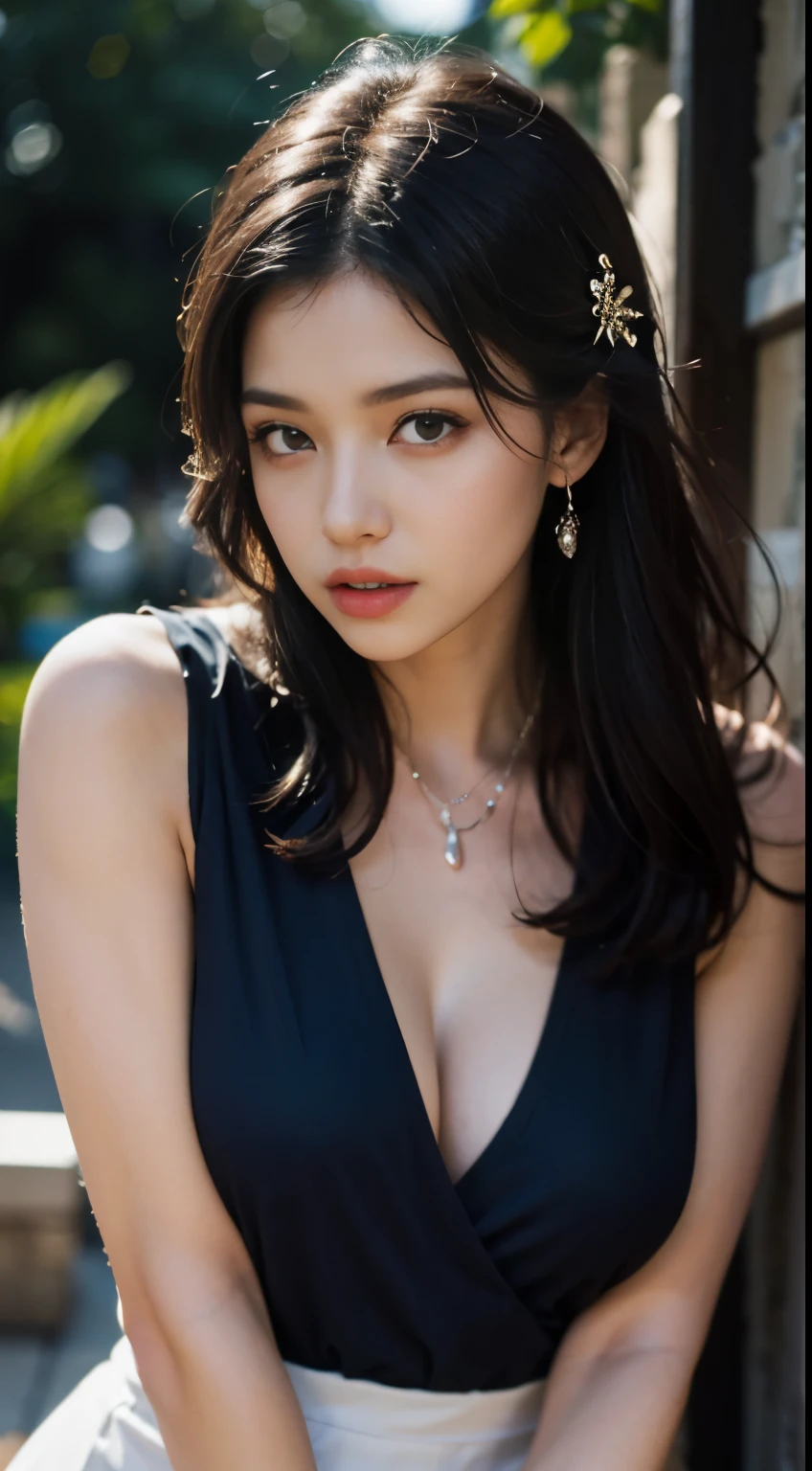 best quality, master part, high resolution, mulher mais sexy quente do mundo, 23 anos, 1girl, hair accessory, colar, jewelries, beautiful face, roupas abertas, muito pouco tecido, postura confiante e generosa, sobre_corpo, Efeito Tyndall, Realistic, Dark Studio, edge lighting, Duotone Lighting, (pele de alto detalhe: 1.2), 8k ultra hd |, DSLR, soft lighting, alta qualidade, Volumetric lighting, franco, fotografia, high resolution, 4k, 8k, Bokeh,  vestido vermelho