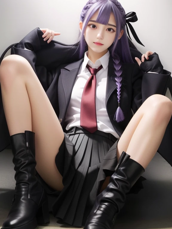 masterpiece, best quality, high res, a akyoko, long hair, purple hair, side braid, blunt bangs, hair ribbon, black ribbon, high collar, brown necktie, black motor cycle jacket, open clothes, long sleeves, black gloves, black mini skirt, pleated skirt, black long boots, full shot, danganronpa \(series\), street, full shot, looking at viewer, white shirt