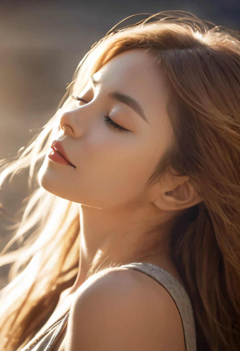 rays of sunshine,With his eyes closed,Look up，tilt your face,(closed eyes smile),Side profile,The light from the back window is backlighted