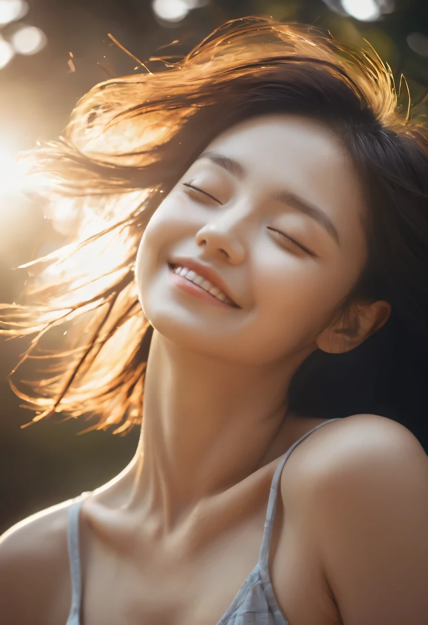 rays of sunshine,With his eyes closed,Look up，tilt your face,(closed eyes smile),Side profile,The light from the back window is backlighted