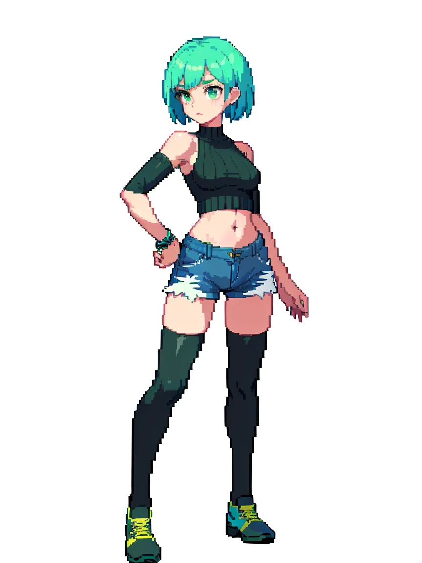 (masterpiece, top quality, best quality, less detail, 8-bit color), pixel,pixel art,1girl, fullbody, smack studio, separate body for edit, (denim shorts), (green crop sweater), (bare shoulders), (navel), (midriff), (black thighhighs), (shoes)