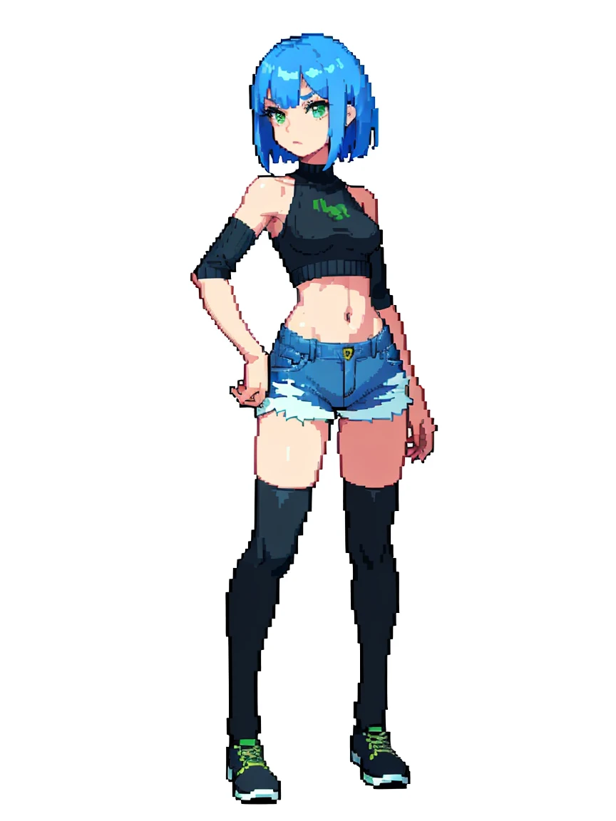 (masterpiece, top quality, best quality, less detail, 8-bit color), pixel,pixel art,1girl, fullbody, smack studio, separate body for edit, (denim shorts), (green crop sweater), (bare shoulders), (navel), (midriff), (black thighhighs), (shoes)