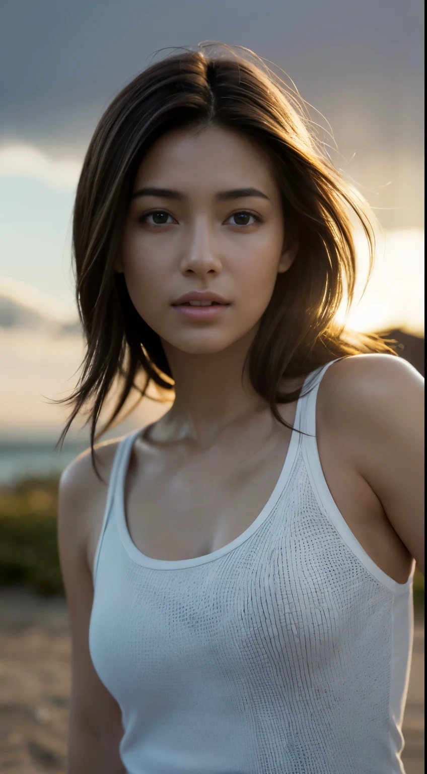 dressed, (photo realistic:1.4), (hyper realistic:1.4), (realistic:1.3), (smoother lighting:1.05), (increase cinematic lighting quality:0.9), 32K, 1girl,20yo girl, realistic lighting, backlighting, light on face, ray trace, (brightening light:1.2), (Increase quality:1.4), (best quality real texture skin:1.4), finely detailed eyes, finely detailed face, finely quality eyes, (tired and sleepy and satisfied:0.0), face closeup, white loose tank top , (Increase body line mood:1.1), (Increase skin texture beauty:1.1)