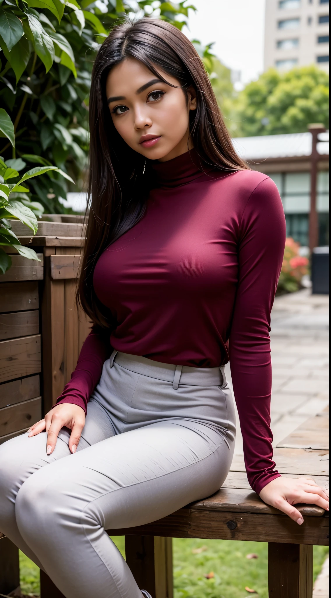 ( Close Up),RAW, Best quality, high resolution, masterpiece: 1.3), beautiful Malay woman , Masterpiece, perfect body, Big breasts, long hair, thick thighs, beautiful big eyes, mole under the eyes, long eyelashes, big eyes, beutifull face, Soft smile, woman wearing a maroon top and grey pants, purple tunic, maroon red, productphoto, casual modern clothing, modern casual clothing, f 2 0, office clothes, women full body, red shirt brown pants, long tunic, female outfit, maroon accents, detailed picture, tunic, elegant clothes, casual clothing style , illustrious clothesclothes, Soft turtleneck, evening walk, garden park, Great lighting, Bright colors, Clean lines