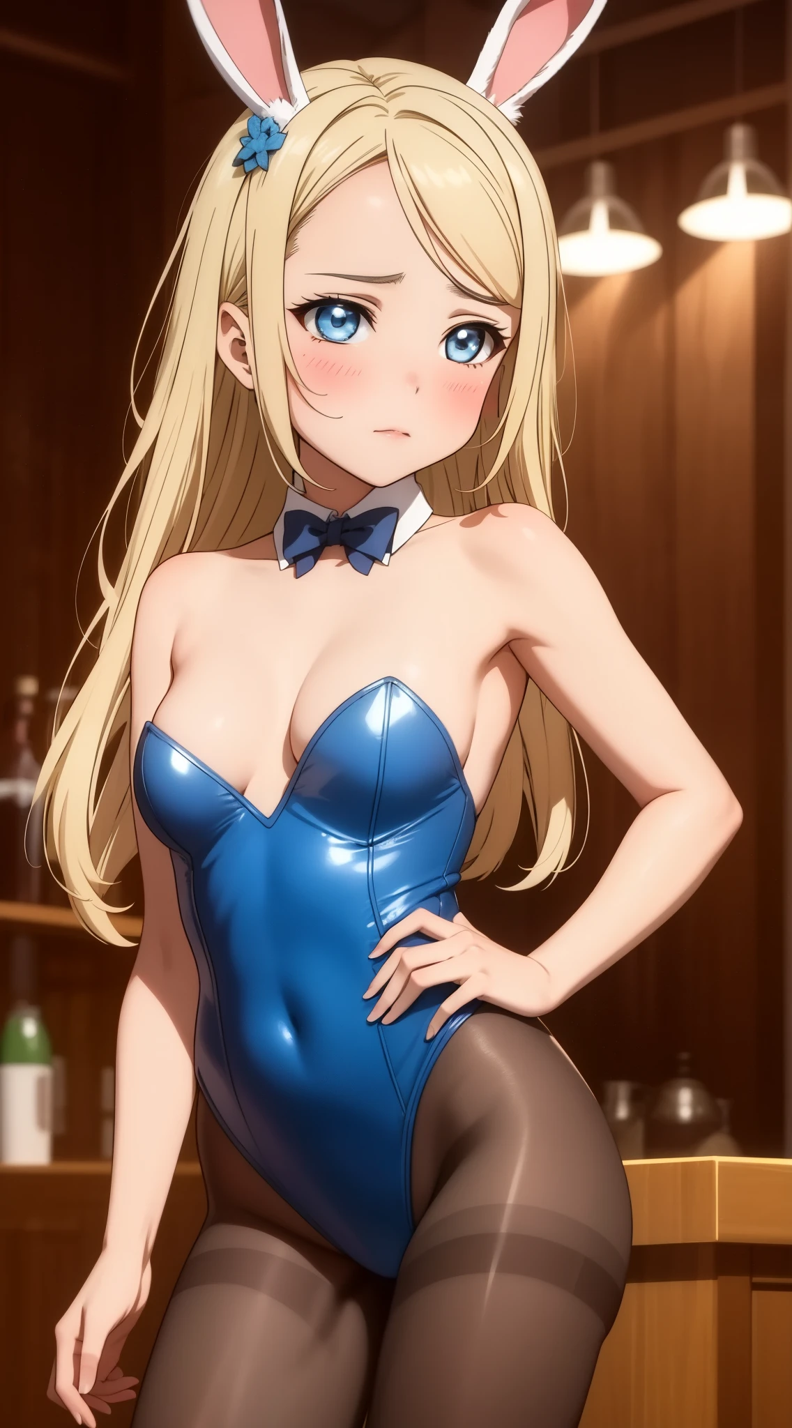 masterpiece, best quality, highly detailed, ultra high res, ayase arisa, 1girl, solo, blue eyes, hair ornament, blonde hair, long hair, blush, glossy lipunny), bunny ears, detached collar, strapless leotard, pantyhose, high heels