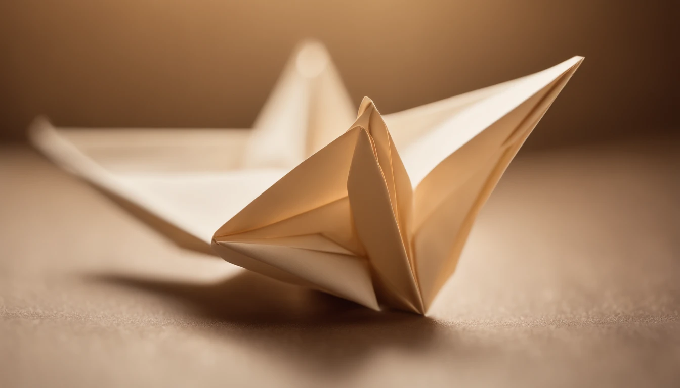 a macro shot of a folded origami creation against a neutral paper texture background, highlighting the intricate folds and crisp edges, showcasing the artistry and precision of paper folding