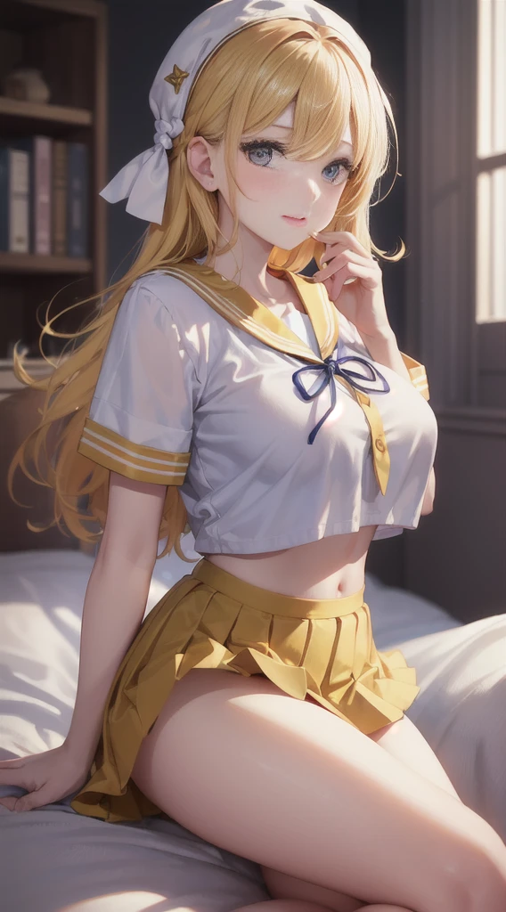 Beautiful illustration、top-quality、cute girl ed room、yellow hair、length hair、(((Yellow pleated skirt)))、(((Yellow sailor suit)))、shortsleeves、Colossal tits、a navel、Flipping up the skirt with your hands、Show white panties、Please lift up your skirt and show me your panties.、pale blue eyes、on the beds、lovely thighs、glowing thigh、Floating hair, Wind,
