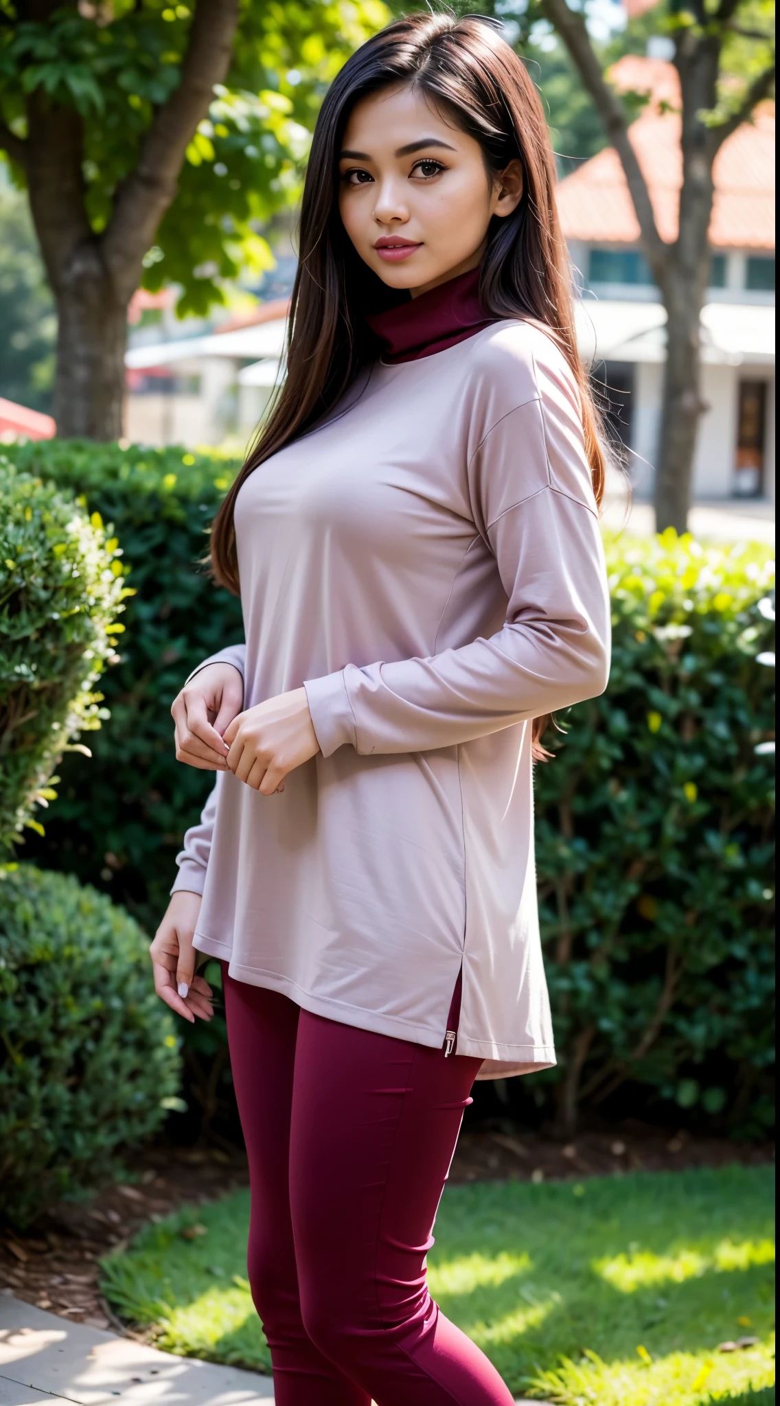 ( Close Up),RAW, Best quality, high resolution, masterpiece: 1.3), beautiful Malay woman , Masterpiece, perfect body, Big breasts, long hair, thick thighs, beautiful big eyes, mole under the eyes, long eyelashes, big eyes, beutifull face, Soft smile, woman wearing a maroon top and grey pants, purple tunic, maroon red, productphoto, casual modern clothing, modern casual clothing, f 2 0, office clothes, women full body, red shirt brown pants, long tunic, female outfit, maroon accents, detailed picture, tunic, elegant clothes, product image, casual clothing style , illustrious clothesclothes, Soft turtleneck, evening walk, garden park, Great lighting, Bright colors, Clean lines