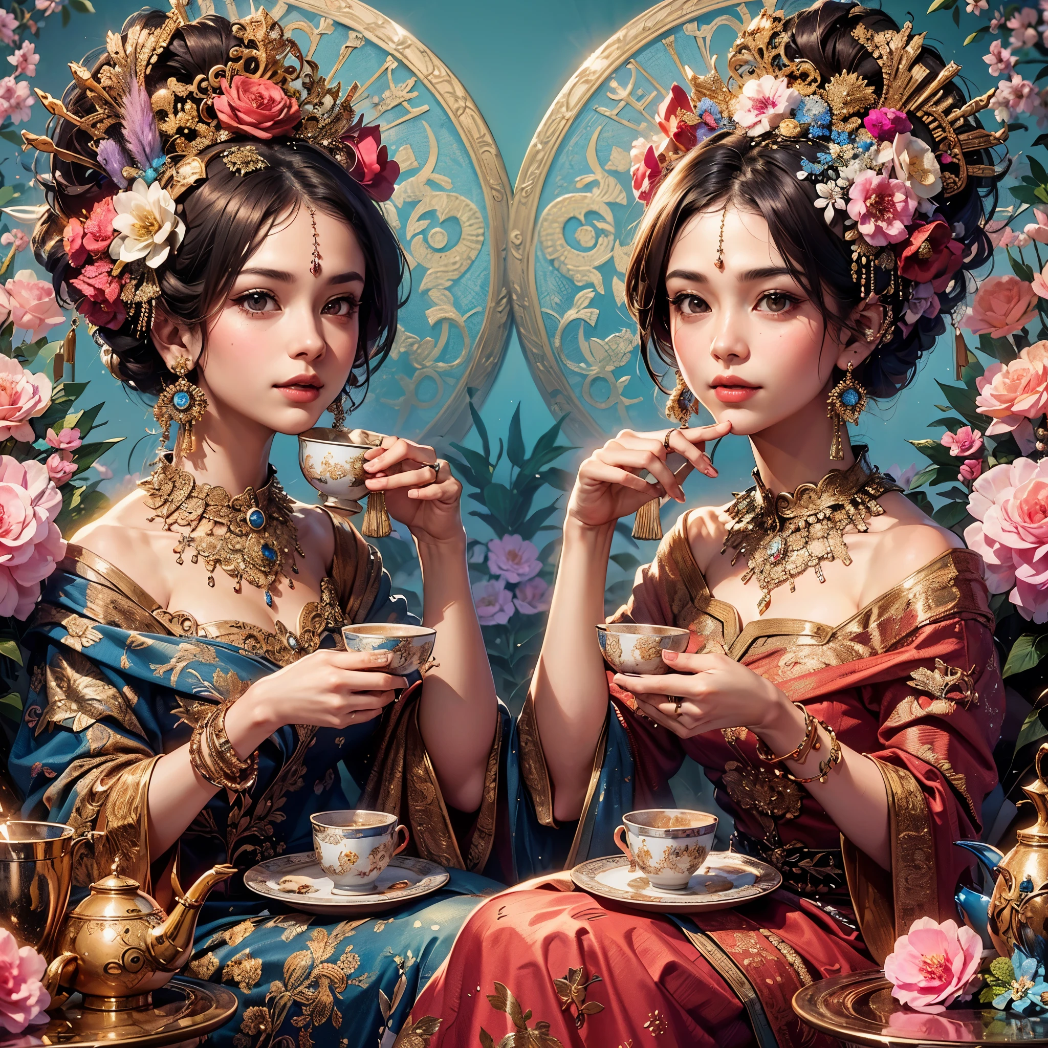 two women in oriental dress, large breast, drinking tea and sitting on a chair, beautiful art uhd 4 k, beautiful gemini twins, beautiful digital artwork, 4k highly detailed digital art, exquisite digital illustration, eastern art style, 8k high quality detailed art, drinking tea, ancient china art style, gorgeous digital art, beautiful gemini twins portrait, chinese fantasy, oriental fantasy, masterpiece, best quality:1.2),,(8k,highres,RAW photo,realistic,photo-realistic:1.3),(detailed skin texture,detailed cloth texture,beautiful detailed face:1.25),professional lighting,photon mapping,beautiful soft light,radiosity,physically-based rendering,raytracing, model shoot style, model shoot style, (extremely detailed CG unity 8k wallpaper), full shot body photo of the most beautiful artwork in the world,