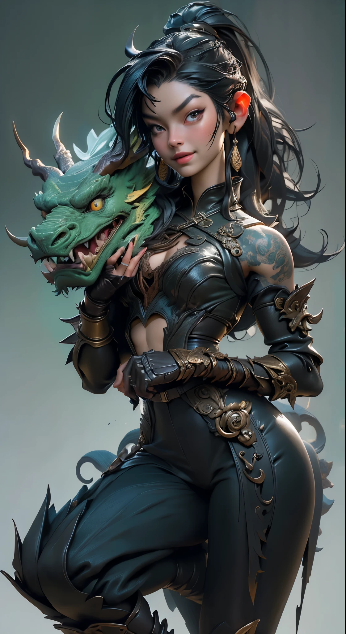 01_Green wooden dragon. Chinese style. Sculpture. A wooden sculpture, next to a cool girl in a leather corset, long dark hair, high black leather jackboots, black gloves on her hands, and metal spikes on her shoulders. Rock star, super beauty against the background of a sculpture made of wood, a green dragon - in the Chinese style., 02_ Highly detailed textures, the highest quality (Girl with white skin, in black boots with spikes and a corset (cool-sexy). Side lighting, warm light, cold shadows. Chiaroscuro, contrasting shapes, volume, and depth of the image. Slight blur in the background Dust squeaks underfoot, an old wooden sculpture, and soft lighting., 03_Highest quality, cinematic rendering. The epic setting, Chinese-style sculpture, and one character - a girl. Contrast lighting, warm light, soft - deep cold shadows. Ocher, seppia, cold lateral reflex. (Dark leather, metal, and several colors decorate the composition). The highest 3D rendering, cinema, animation, masterpiece. Unrea, black hair, french braid, crossed bangs, long hair, ponytail, smile, open mouth, Surrealism, Color Field painting, chiaroscuro, depth of field, cinematic lighting, drop shadow, UHD, retina, masterpiece, anatomically correct, textured skin, super detail, high details, high quality, award winning, highres, 16k