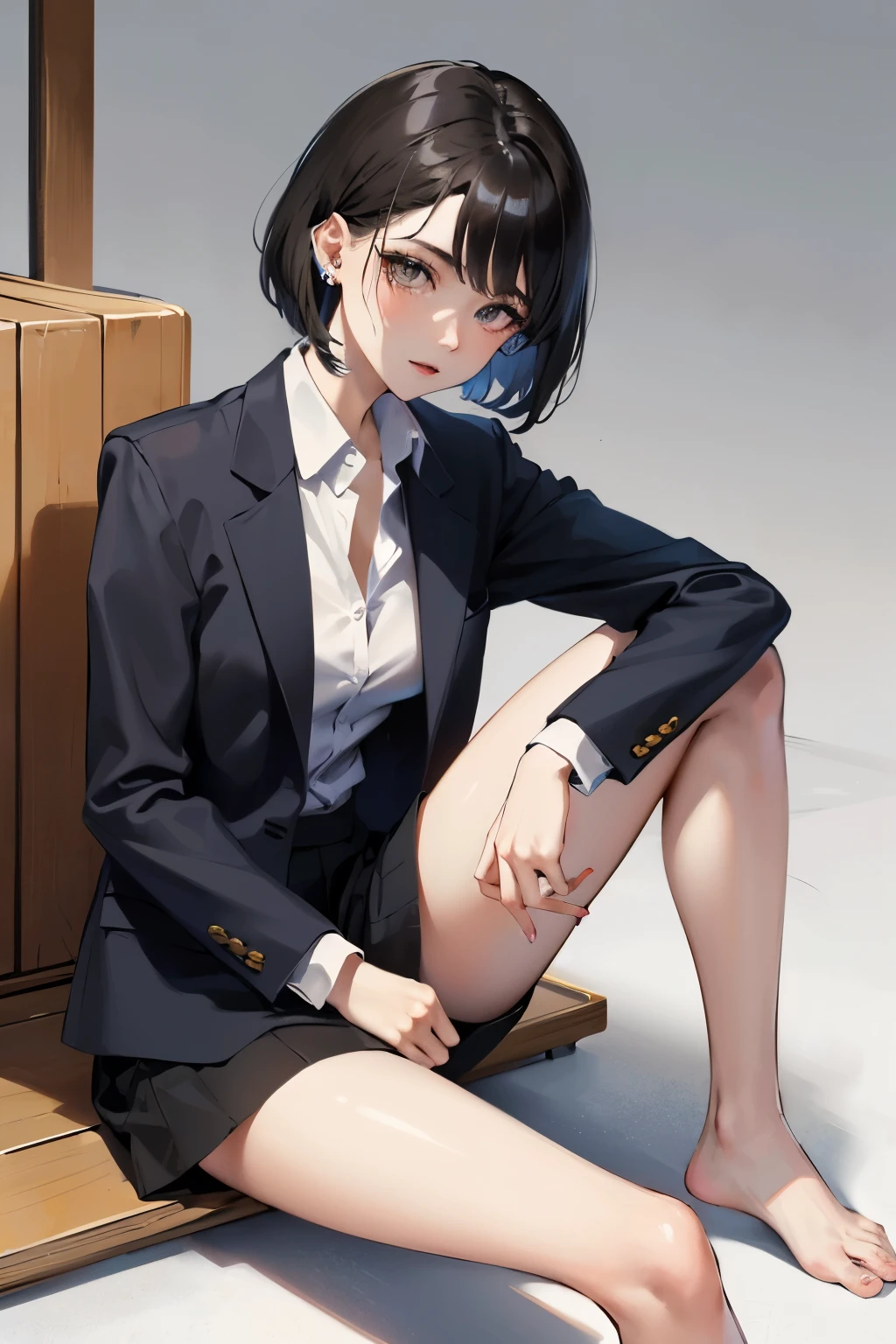 Black Hair Bob、Career Woman、suits、piercings、big sister、person、the feet、1a person、animesque、sitting on、Aimei、bustup、shirt