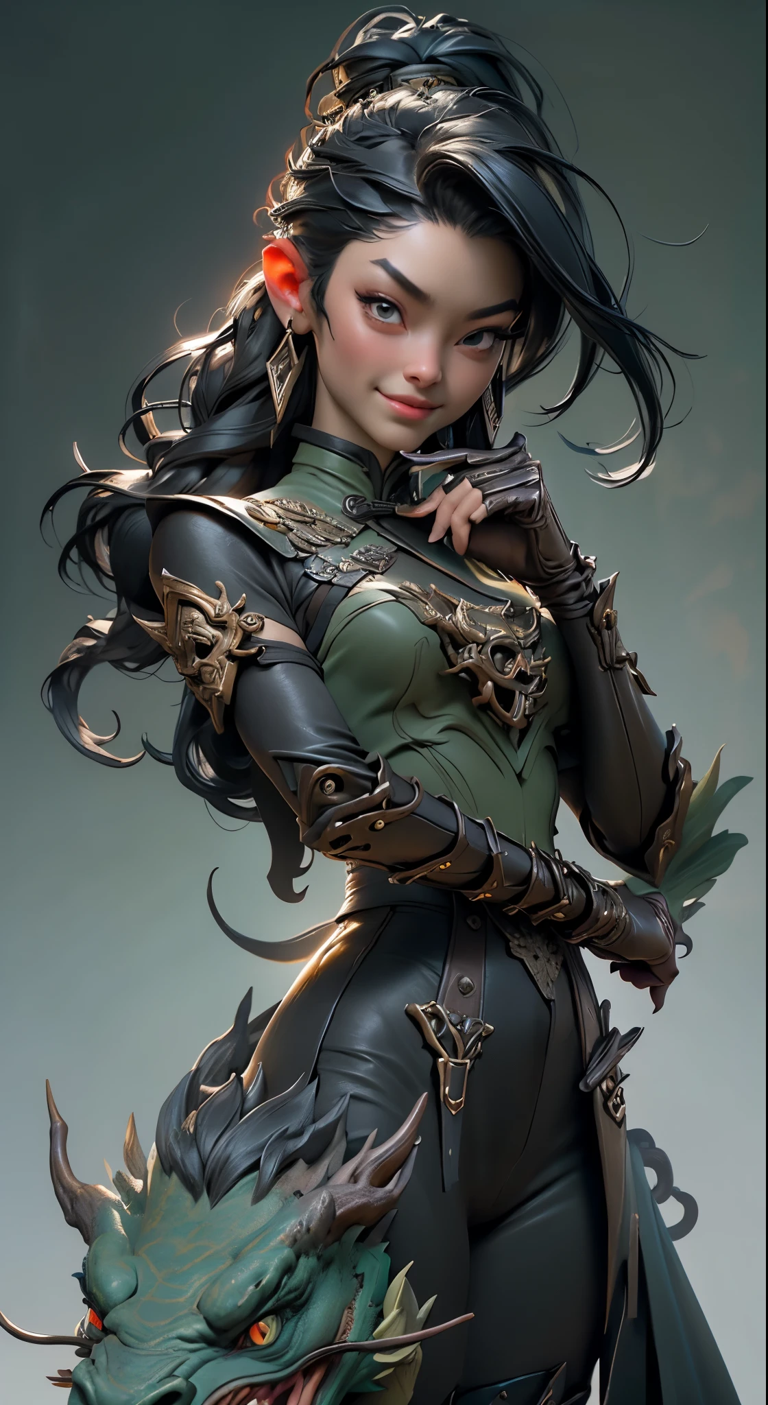 01_Green wooden dragon. Chinese style. Sculpture. A wooden sculpture, next to a cool girl in a leather corset, long dark hair, high black leather jackboots, black gloves on her hands, and metal spikes on her shoulders. Rock star, super beauty against the background of a sculpture made of wood, a green dragon - in the Chinese style., 02_ Highly detailed textures, the highest quality (Girl with white skin, in black boots with spikes and a corset (cool-sexy). Side lighting, warm light, cold shadows. Chiaroscuro, contrasting shapes, volume, and depth of the image. Slight blur in the background Dust squeaks underfoot, an old wooden sculpture, and soft lighting., 03_Highest quality, cinematic rendering. The epic setting, Chinese-style sculpture, and one character - a girl. Contrast lighting, warm light, soft - deep cold shadows. Ocher, seppia, cold lateral reflex. (Dark leather, metal, and several colors decorate the composition). The highest 3D rendering, cinema, animation, masterpiece. Unrea, black hair, french braid, crossed bangs, long hair, ponytail, smile, open mouth, Surrealism, Color Field painting, chiaroscuro, depth of field, cinematic lighting, drop shadow, UHD, retina, masterpiece, anatomically correct, textured skin, super detail, high details, high quality, award winning, highres, 16k
