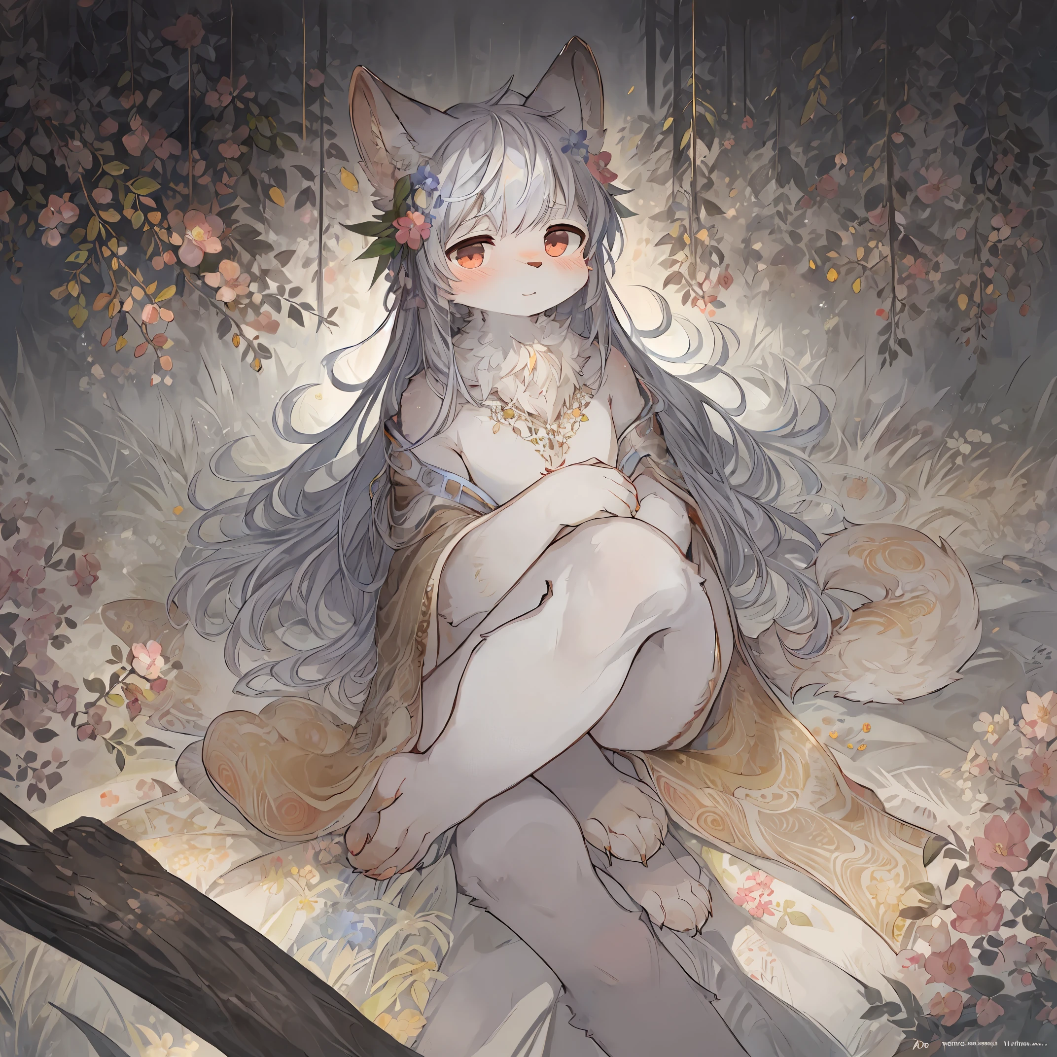 ultra-detailed, masterpiece, masterwork, high quality, best quality, hdr, (nature, night), posted on e621, (by hioshiru), nsfw, female, solo, (white little body minotaur), dragon, (long  silver hair, yellow eyes, white chubby body), sitting, from directly below, dynamic angle, (nude, foreskin, perfect balls, pubic hair) 