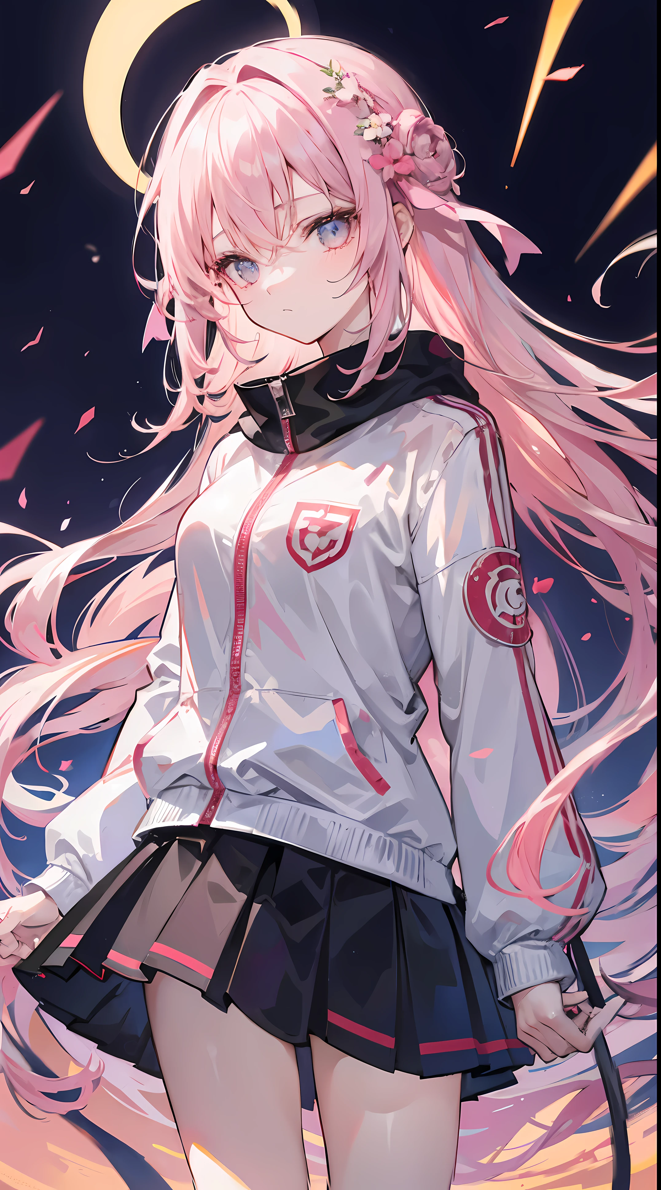 Light pink and uneven long hair，The hair curtain is very long，The hair curtain covers one eye，hair slightly upward，Has gray eyes，sparkle in eyes，Girl of medium build，There is a flower on the head，sunset over empty countryside，Holding a lit fireworks stick in his hand，He is wearing a white tracksuit，black cape skirt，I look lonely and lonely，The atmosphere is desolate，cold shades，He bowed his head，Black silk pantyhose