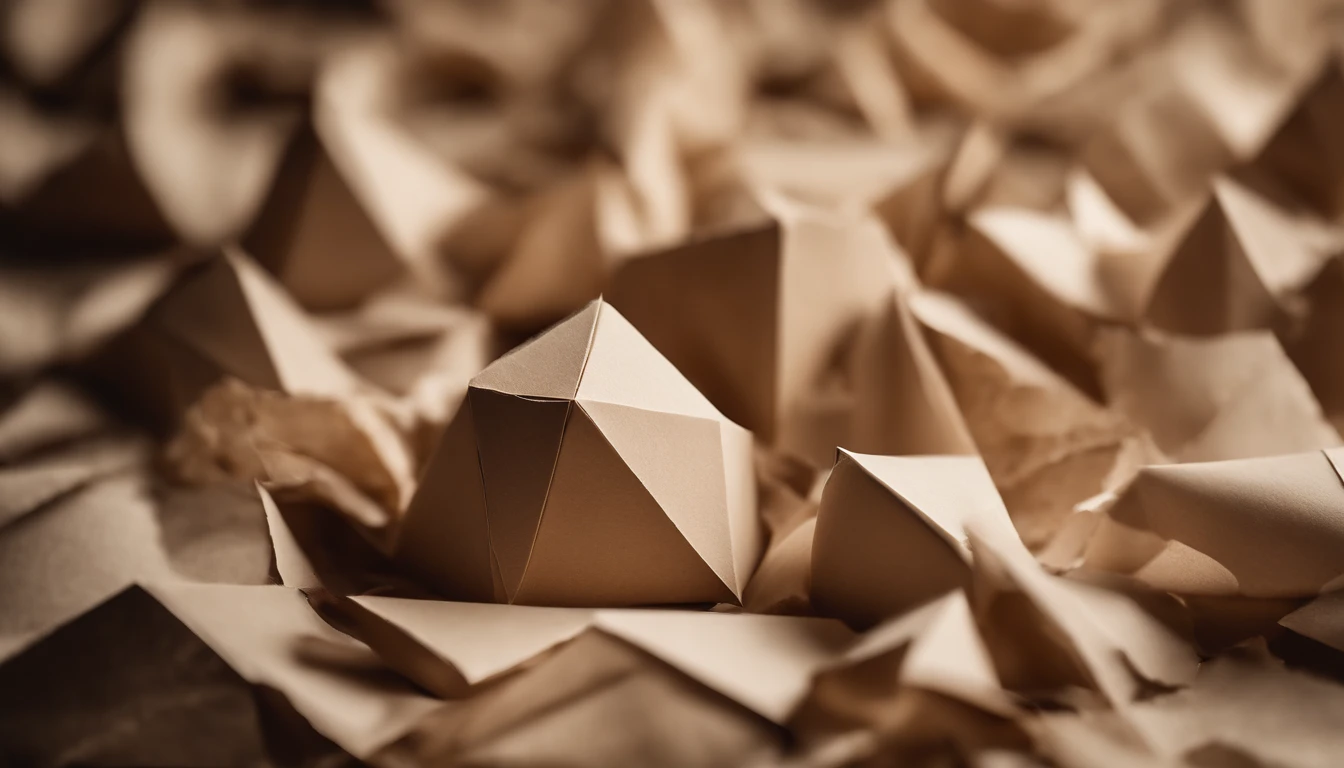 an abstract shot of neutral-colored paper torn into geometric shapes, arranged in a collage-like composition on a textured background, creating a visually intriguing and textured image