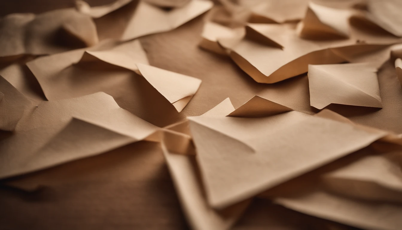 an abstract shot of neutral-colored paper torn into geometric shapes, arranged in a collage-like composition on a textured background, creating a visually intriguing and textured image