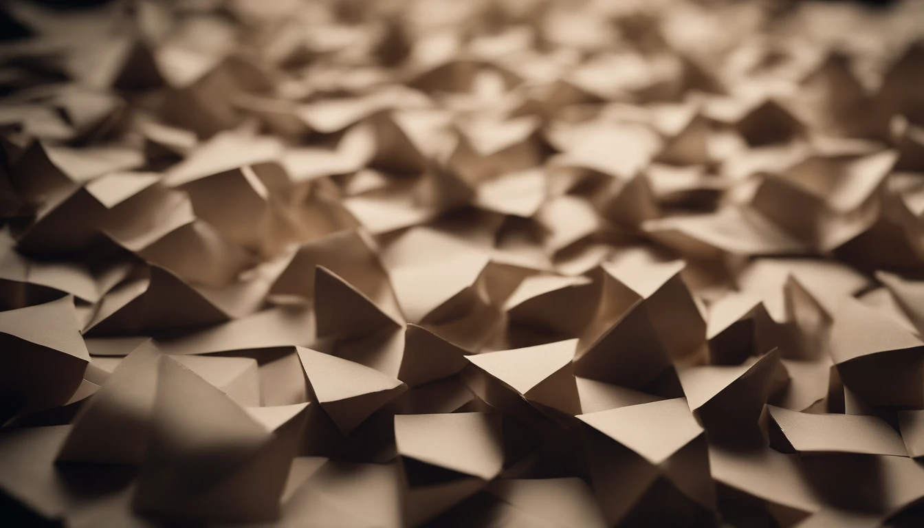 an abstract shot of neutral-colored paper torn into geometric shapes, arranged in a collage-like composition on a textured background, creating a visually intriguing and textured image