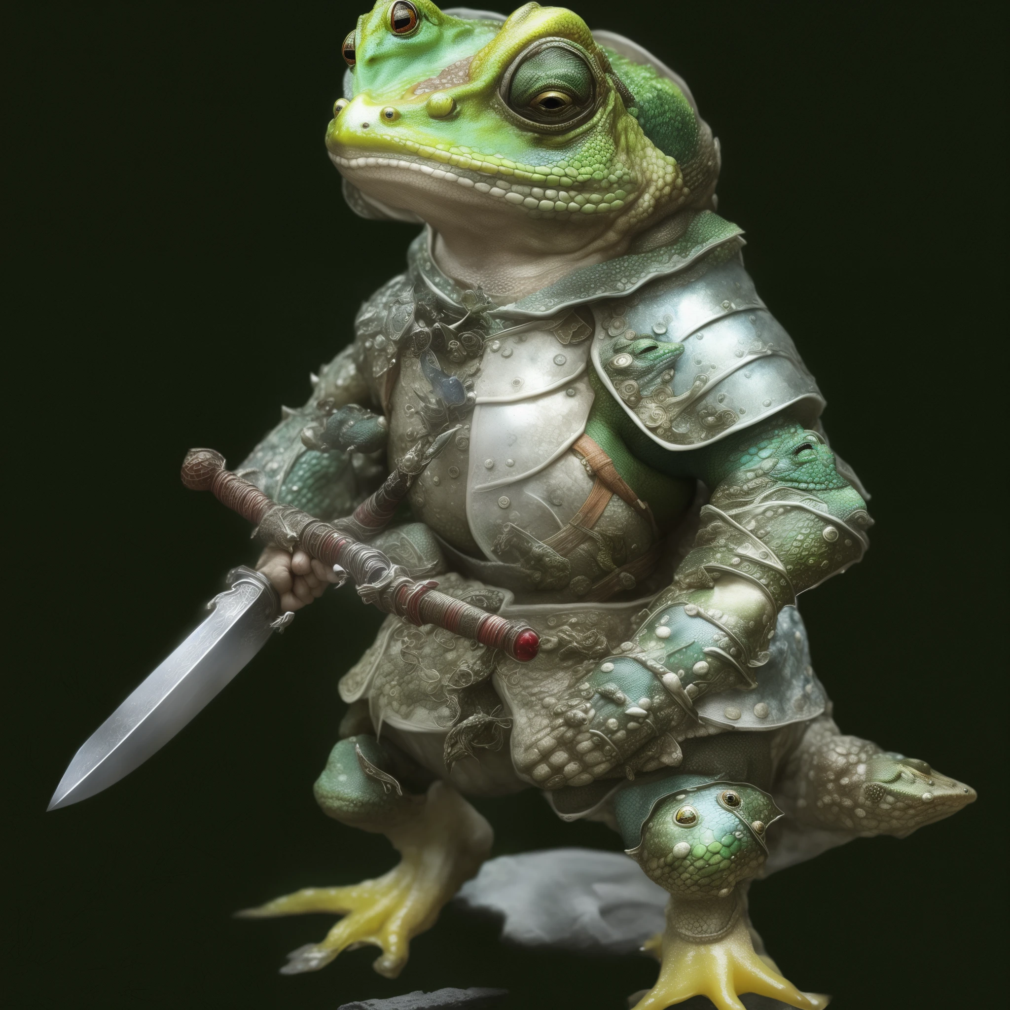 pen and watercolor、A frog in armor holds a sword and sword, toadstools samurai, with scaly-looking armor, Reptile Warrior, very detailed toadstools, very detailed character, super detailed fantasy characters, Lizardman warrior concept, lizardfolk, in monster hunter armor, Lizardman, as atlantean Reptile Warriors, armored duck, toadstools