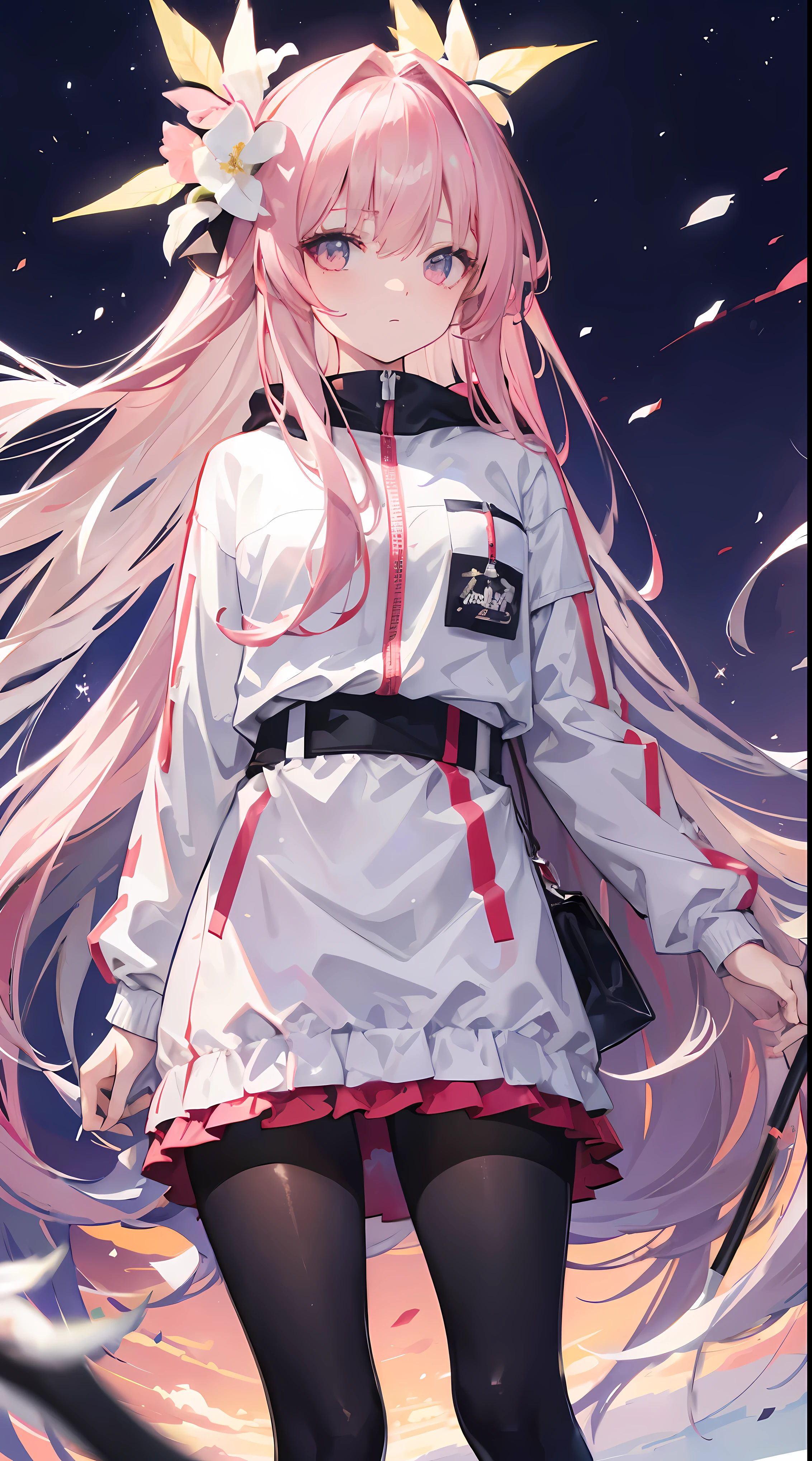 Light pink and uneven long hair,The hair curtain is very long,The hair curtain covers one eye,hair slightly upward,Has gray eyes,sparkle in eyes,Girl of medium build,There is a flower on the head,sunset over empty countryside,Holding a lit fireworks stick in his hand,He is wearing a white tracksuit,black cape skirt,I look lonely and lonely,The atmosphere is desolate,cold shades,He bowed his head,Black silk pantyhose