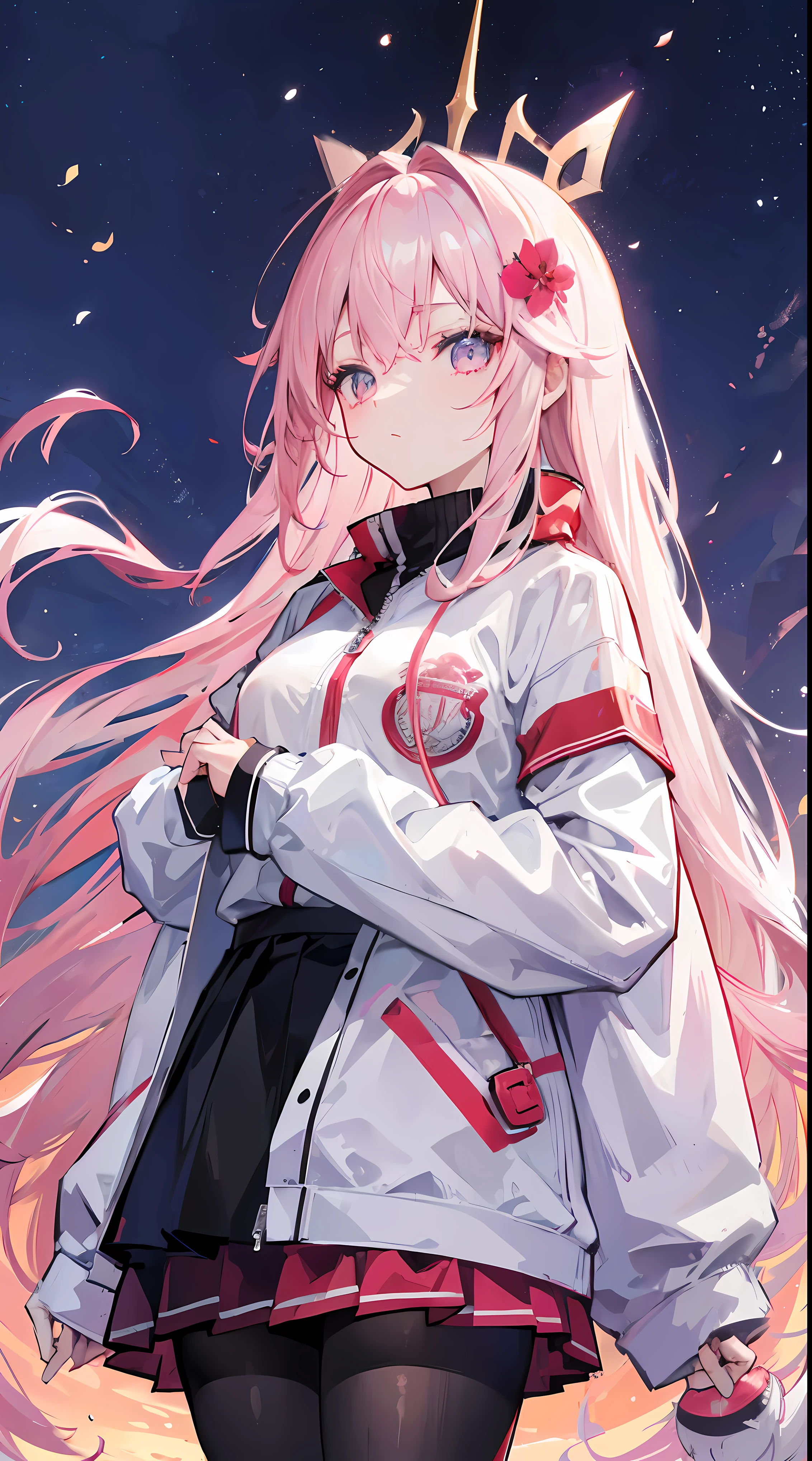 Light pink and uneven long hair，The hair curtain is very long，The hair curtain covers one eye，hair slightly upward，Has gray eyes，sparkle in eyes，Girl of medium build，There is a flower on the head，sunset over empty countryside，Holding a lit fireworks stick in his hand，He is wearing a white tracksuit，black cape skirt，I look lonely and lonely，The atmosphere is desolate，cold shades，He bowed his head，Black silk pantyhose