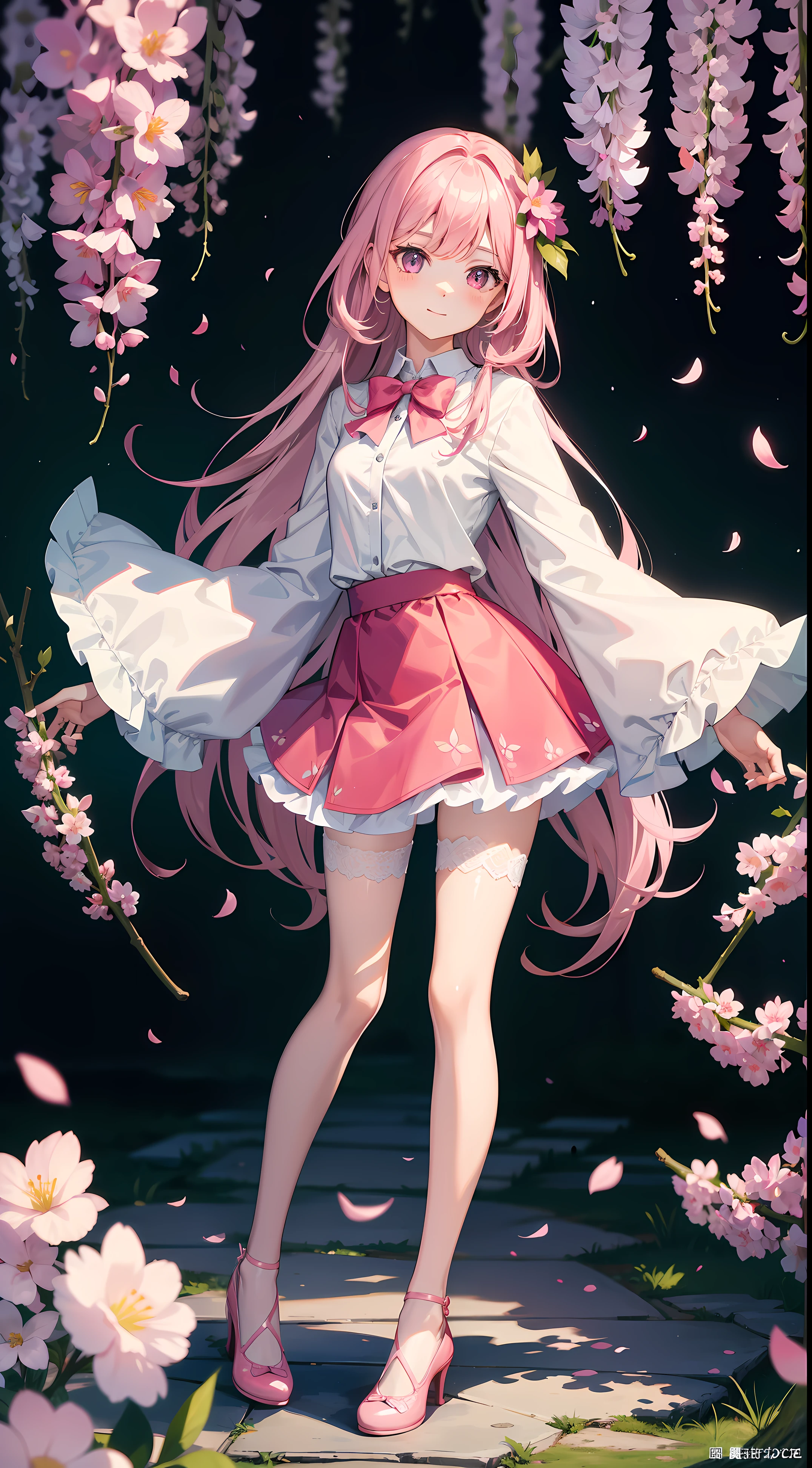 A girl in school uniform stands in front of a tree，tree branch上有粉红色的blossoms，1 Sister，by bangare tree，blazer jacket，Bow knot，neck bowtie，tree branch，Sakura NS，领The shirt，Daysiealling petallorest background，blossoms，graduate，flower  sea，jaket，Long gray hair，longer sleeves，looking at viewert，luring，lace hose，petals，粉红色的blossoms，What about the lattice，pleatedskirt，club，校服，The shirt，a skirt，ssmile，独奏，springtime \ (seasons \)，that tree，Wisteria - anime ，Black silk pantyhose
