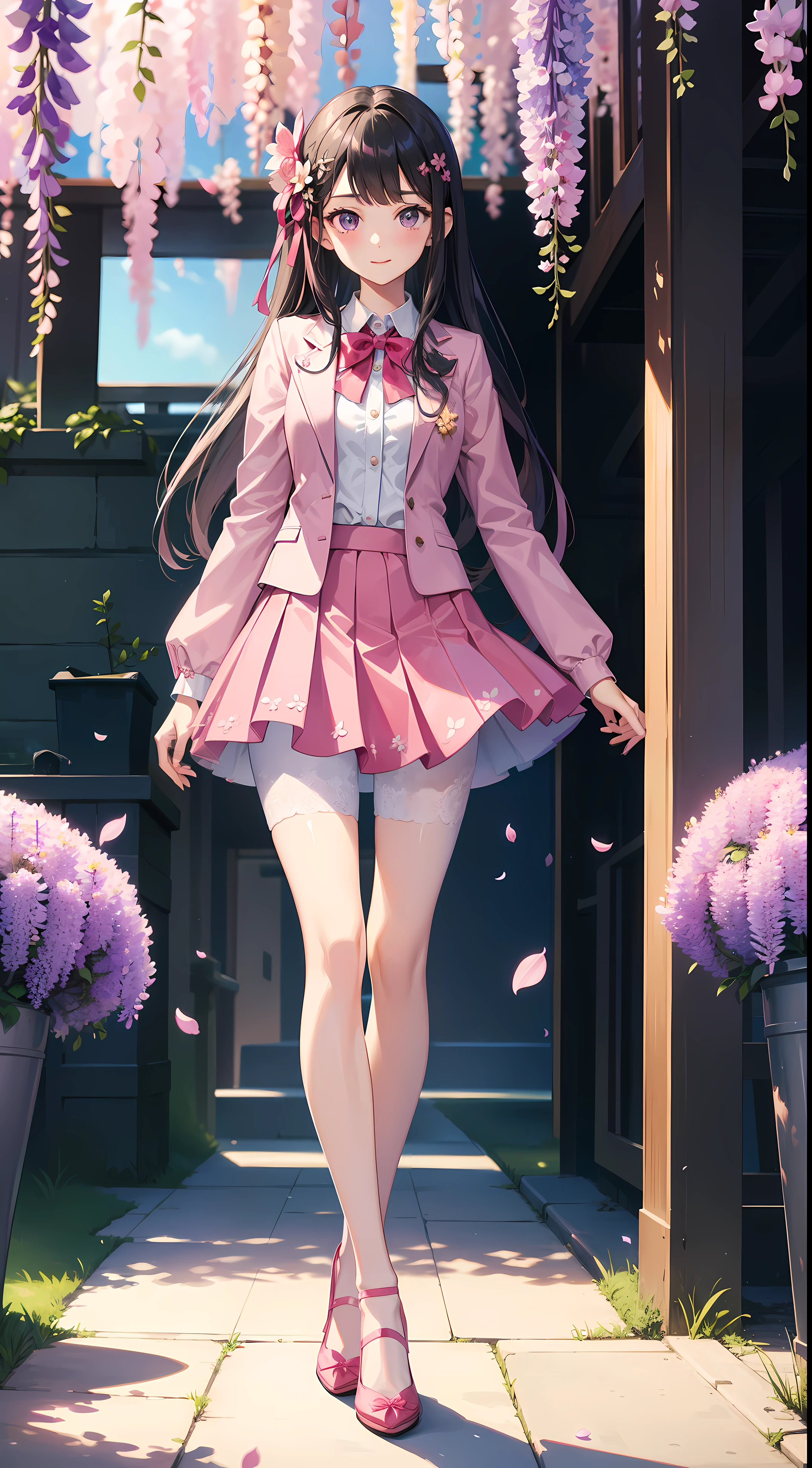 A girl in school uniform stands in front of a tree,tree branch上有粉红色的blossoms,1 Sister,by bangare tree,blazer jacket,Bow knot,neck bowtie,tree branch,Sakura NS,领The shirt,Daysiealling petallorest background,blossoms,graduate,flower sea,jaket,Long gray hair,longer sleeves,looking at viewert,luring,lace hose,petals,粉红色的blossoms,What about the lattice,pleatedskirt,club,校服,The shirt,a skirt,ssmile,独奏,springtime \ (seasons \),that tree,Wisteria - anime ,Black silk pantyhose
