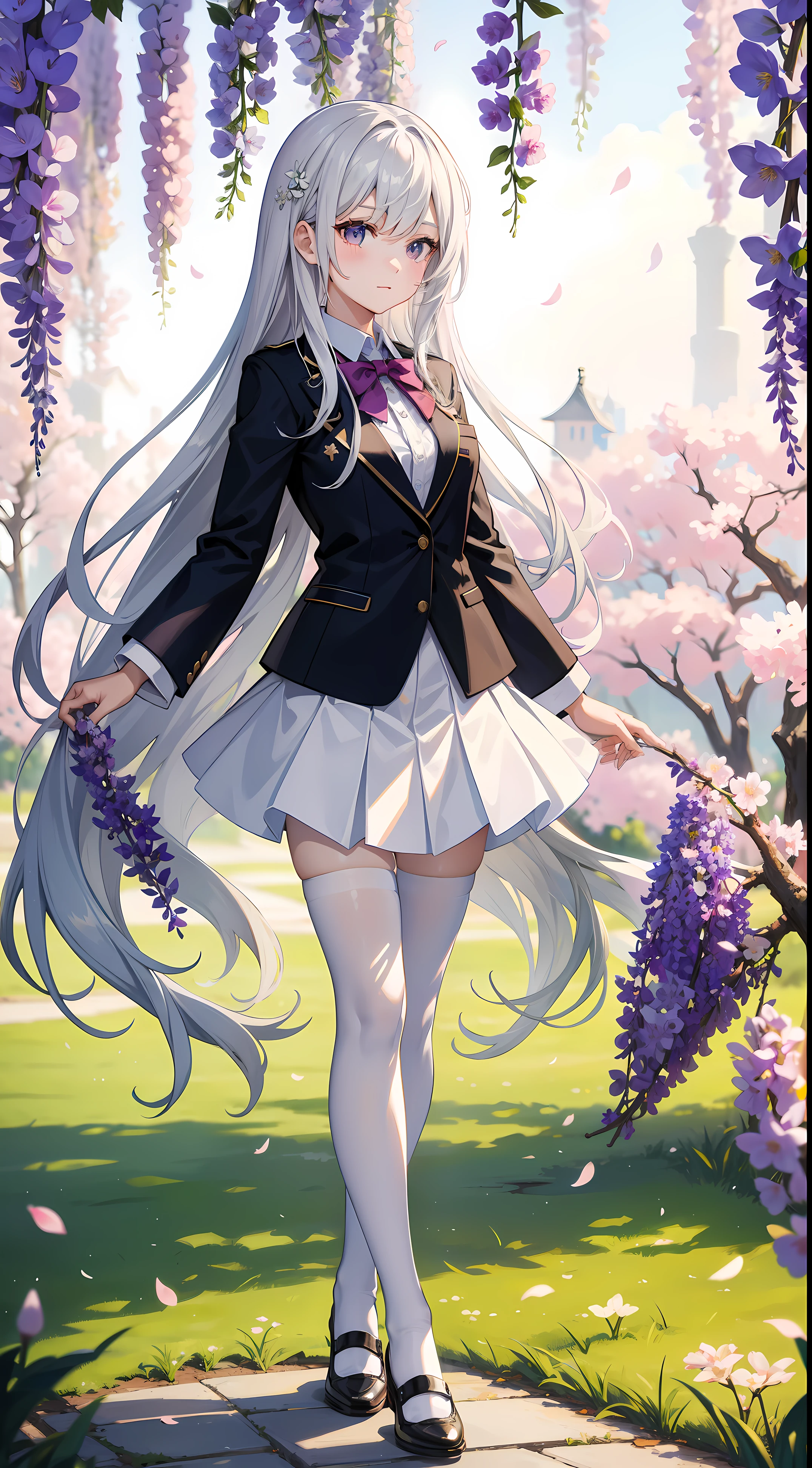 A girl in school uniform stands in front of a tree,tree branch上有粉红色的blossom flower,1 Sister,by bangare tree,blazer jacket,Bow knot,neck bowtie,tree branch,Sakura NS,领The shirt,Daysiealling petallorest background,blossom flower,graduate,flower sea,jaket,Long gray hair,longer sleeves,looking at viewert,luring,lace hose,petals,粉红色的blossom flower,What about the lattice,pleatedskirt,club,校服,The shirt,a skirt,ssmile,独奏,springtime \ (seasons \),that tree,Wisteria - anime ,White silk pantyhose