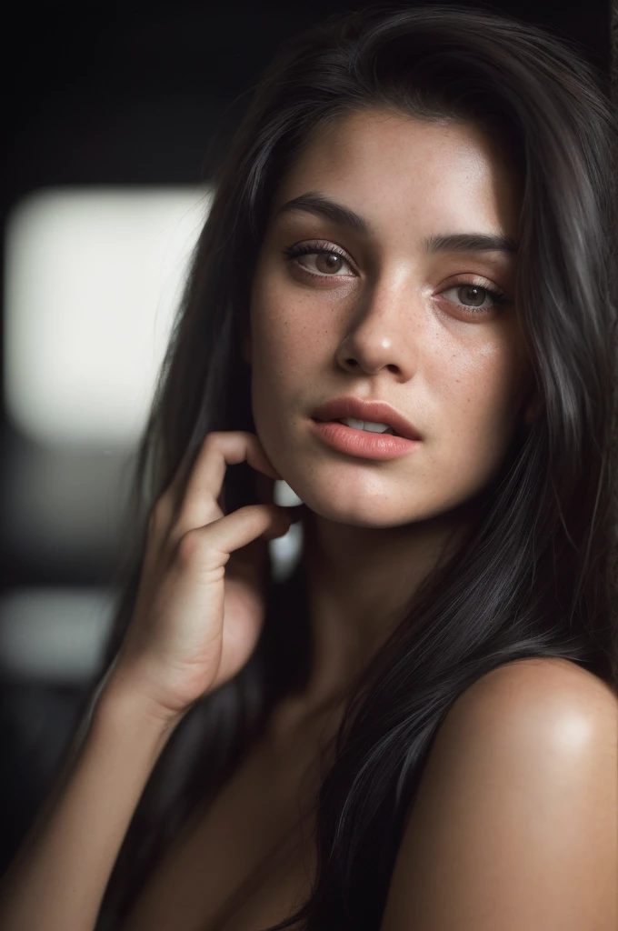 (close-up, editorial photograph of a 21 year old woman), (highly detailed face:1.4) (smile:0.7) (background inside dark, moody, private study:1.OV, by lee jeffries, nikon d850, film stock photograph ,4 kodak portra 400 ,camera f1.6 lens ,rich colors ,hyper realistic ,lifelike texture, dramatic lighting , cinestill 800,