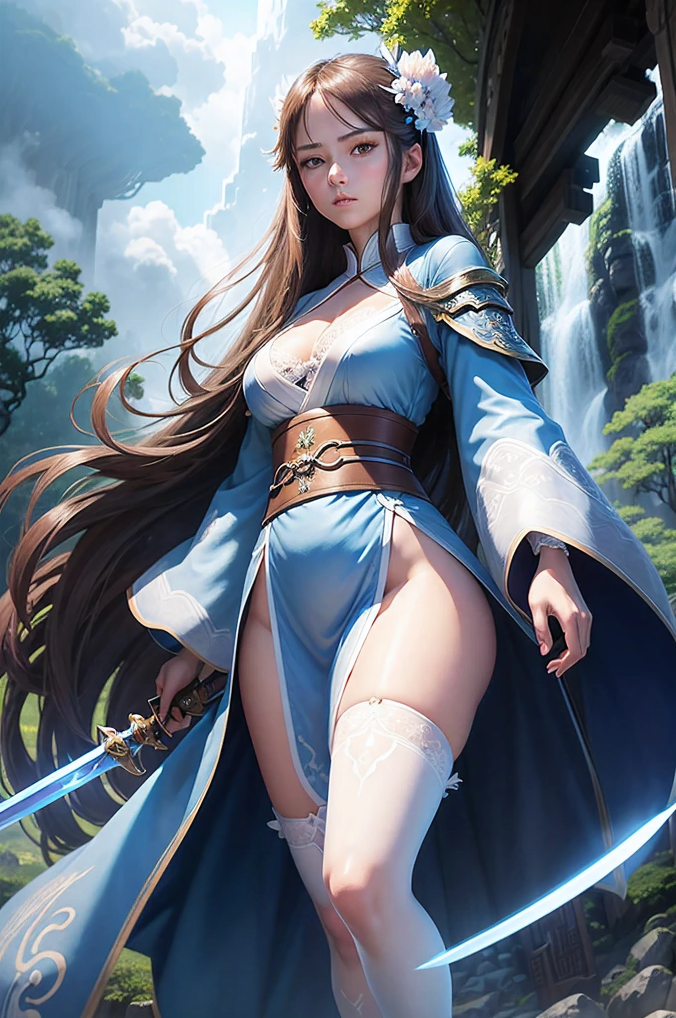 Girl, standing in battle stance, really long brown hair, blue eyes, medium , skinny, blue short kimono, cleavag lace thigh-high stockings, 1 big glowing sword, cinematic light, trees, waterfall, Chinese shrine, blue sky, white clouds