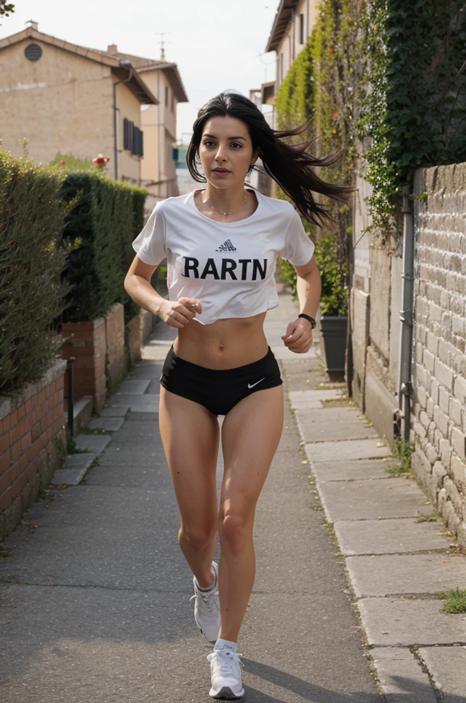 Generate an image of a 25-year-old Italian girl with long brown hair and striking blue eyes outdoors, engaged in a jogging or running pose, radiating energy and vitality