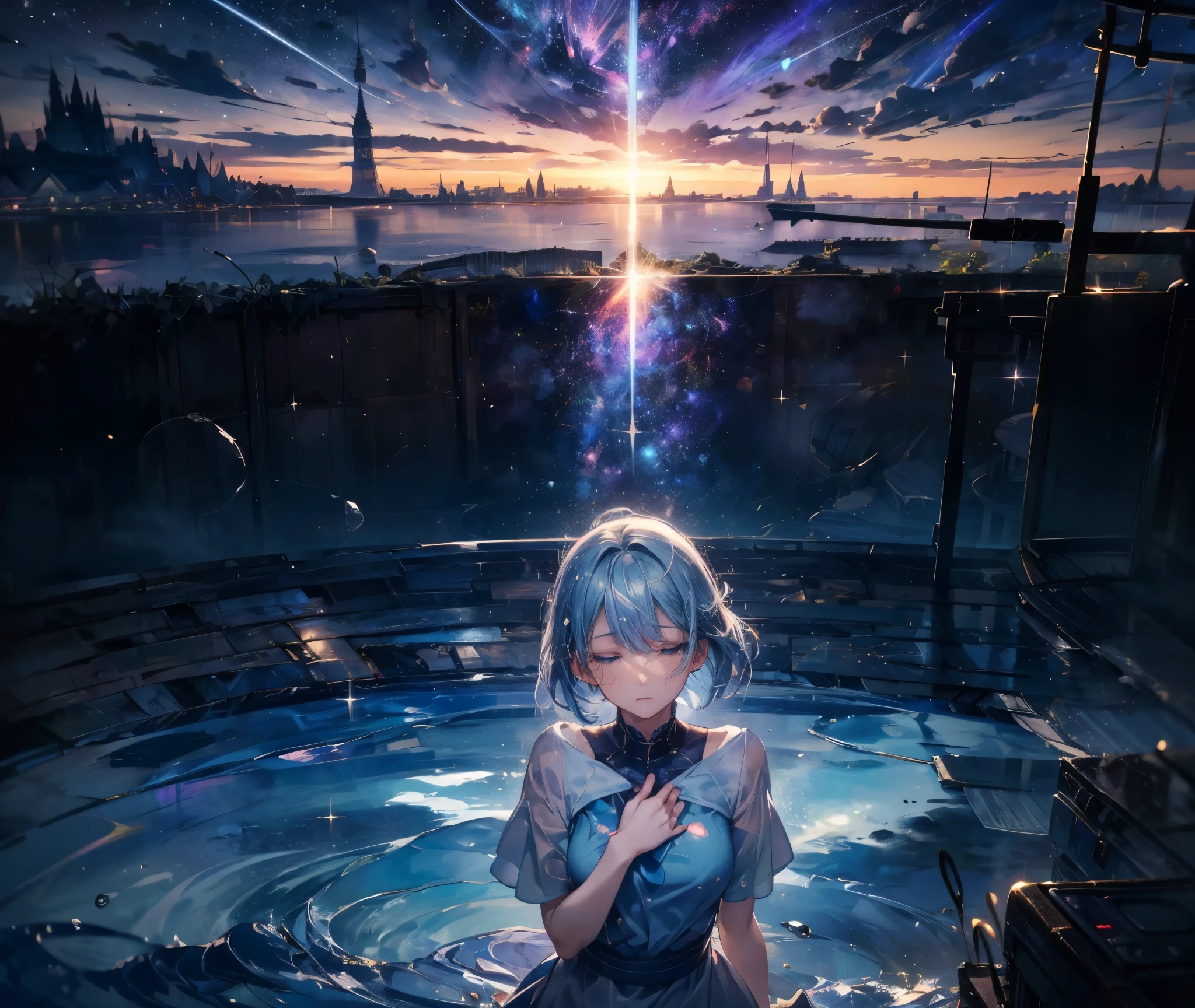 top-quality,masutepiece,1womanl,独奏,(abstract art:1.4),(Superb view:1.6),(A sparkling blue world:1.4),(psychedelic:1.4)There is a beautiful woman at the center of the world,A ray of light,prisma,Please wear'please don't cry now,Please let me know as usual,Only the light sways quietly, A heart that has been repeated over and over again is as fragile as glass,love that won,sleep that is not'When I wake up, I have nowhere to go,Something like fluff floating in space,When a hot impulse blows into my chest,The flow of time and the stopping of water,With a trembling feeling in a dream,Classic blue tears overflow,If a miracle blows in this heart, I wish I could be honest like this,The feelings of a loved one are still alive.If a strong wind blows somewhere in this city,sad day々Colored by the beautiful sky,