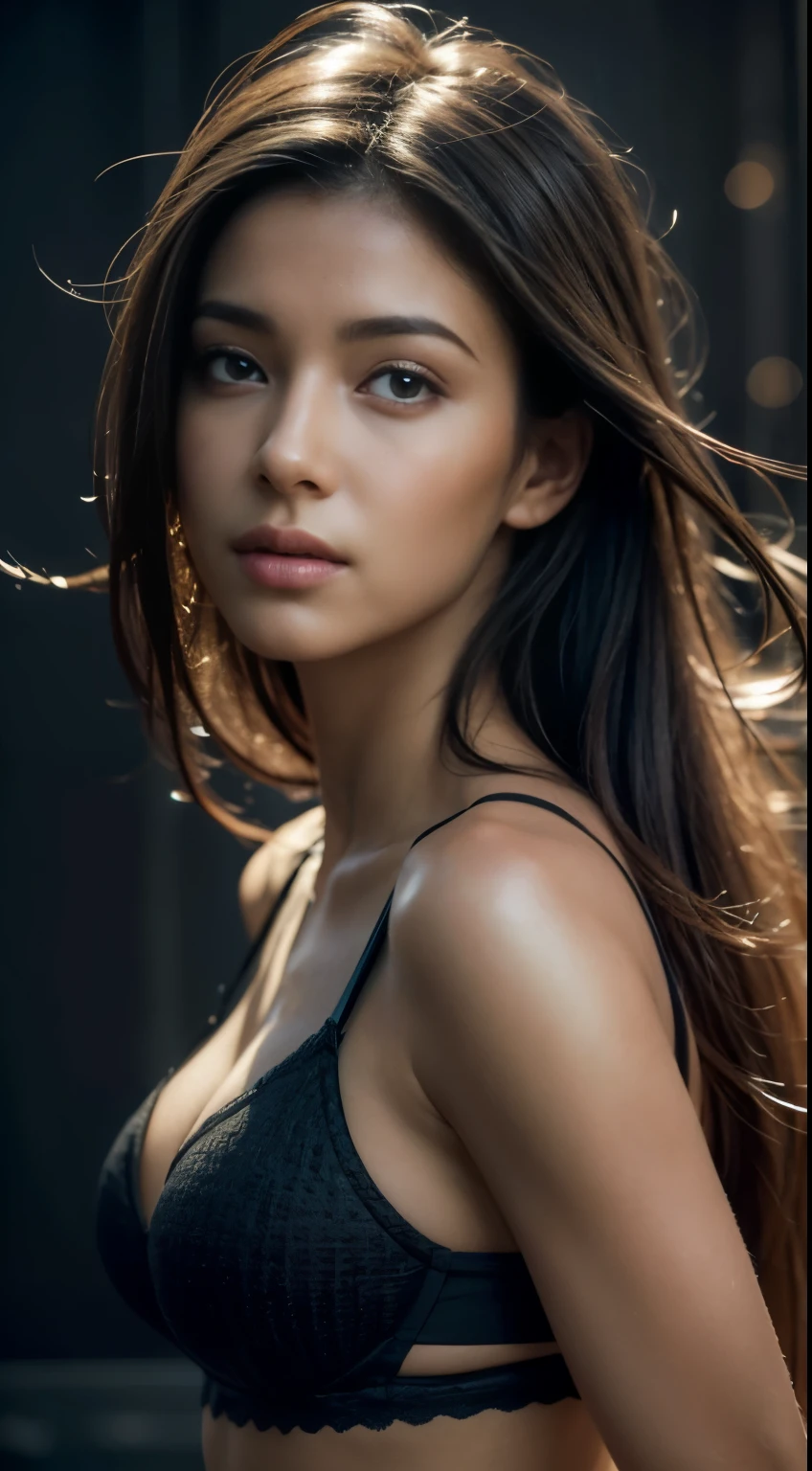 dressed, (photo realistic:1.4), (hyper realistic:1.4), (realistic:1.3), (smoother lighting:1.05), (increase cinematic lighting quality:0.9), 32K, 1girl,20yo girl, realistic lighting, backlighting, light on face, ray trace, (brightening light:1.2), (Increase quality:1.4), (best quality real texture skin:1.4), finely detailed eyes, finely detailed face, finely quality eyes, (tired and sleepy and satisfied:0.0), face closeup, black bra, (Increase body line mood:1.1), (Increase skin texture beauty:1.1)