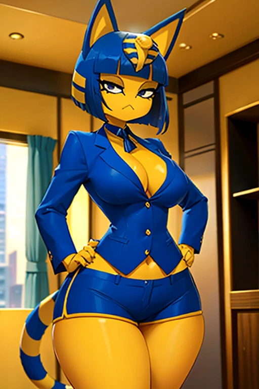 ankha, anime style, catgirl, cat ears, yellow fur, blue hair, blue cat tail, yellow stripes tail, shorts hair, wide hips, thick thighs, huge round ass, medium breast, business suit, formal suit, white shirt, long sleeve black formal suit, black necktie, black strict trouser, secretary pose, office, absurdres, high res, ultrasharp, 8K, masterpiece, looking at viewer