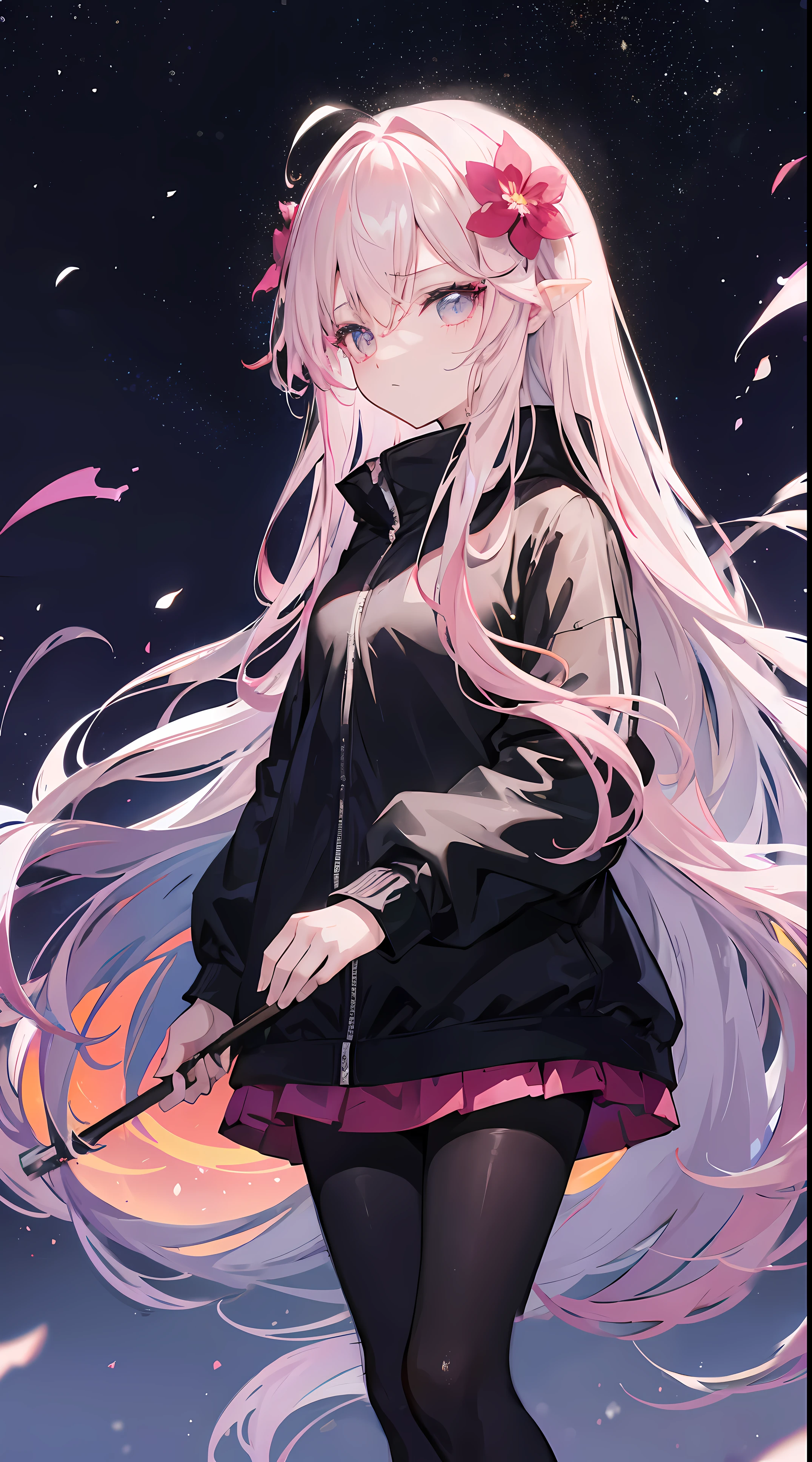 Light pink and uneven long hair，The hair curtain is very long，The hair curtain covers one eye，hair slightly upward，Has gray eyes，Eyes sparkle，Girl of medium build，There is a flower on the head，sunset over empty countryside，Holding a lit fireworks stick in his hand，He was wearing a black tracksuit，black cape skirt，I look lonely and lonely，The atmosphere is desolate，cold shades，He bowed his head，Black silk pantyhose