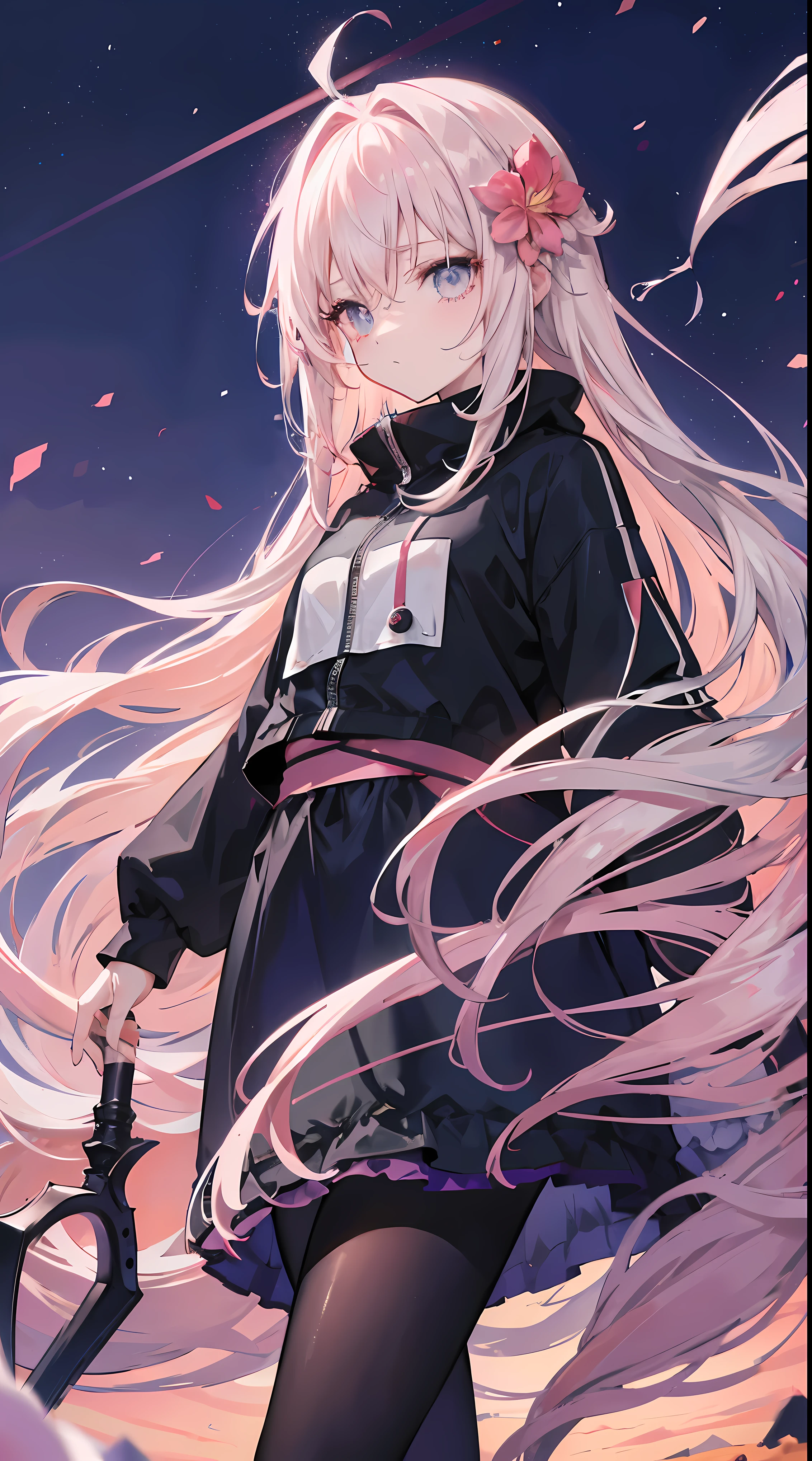 Light pink and uneven long hair,The hair curtain is very long,The hair curtain covers one eye,hair slightly upward,Has gray eyes,Eyes sparkle,Girl of medium build,There is a flower on the head,sunset over empty countryside,Holding a lit fireworks stick in his hand,He was wearing a black tracksuit,black cape skirt,I look lonely and lonely,The atmosphere is desolate,cold shades,He bowed his head,Black silk pantyhose