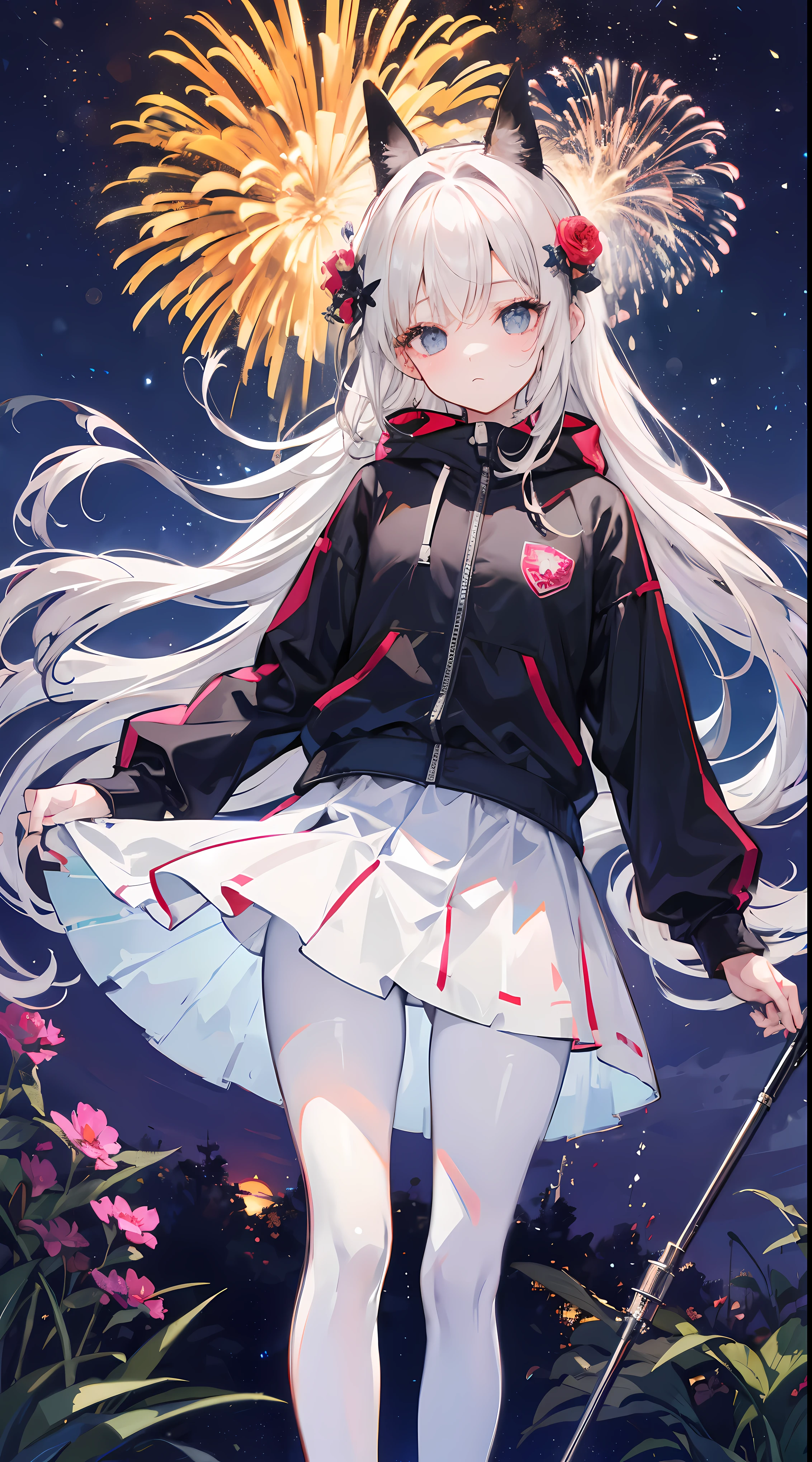 Light pink and uneven long hair,The hair curtain is very long,The hair curtain covers one eye,hair slightly upward,Has gray eyes,sparkle in eyes,Girl of medium build,There is a flower on the head,sunset over empty countryside,Holding a lit fireworks stick in his hand,He is wearing a white tracksuit,white cape skirt,I look lonely and lonely,The atmosphere is desolate,cold shades,He bowed his head,White silk pantyhose