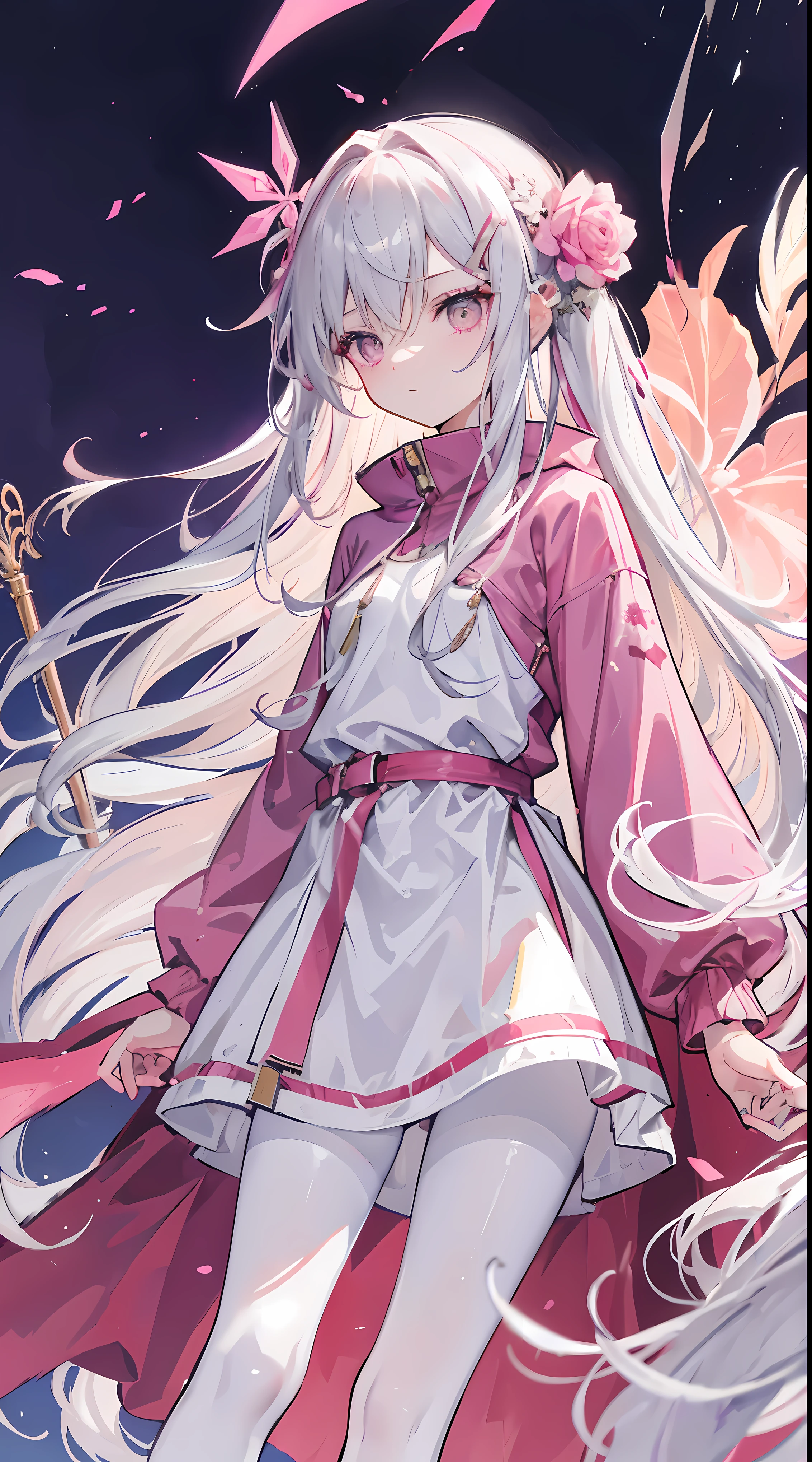 Light pink and uneven long hair,The hair curtain is very long,The hair curtain covers one eye,hair slightly upward,Has gray eyes,sparkle in eyes,Girl of medium build,There is a flower on the head,sunset over empty countryside,Holding a lit fireworks stick in his hand,He is wearing a pink tracksuit,pink cape dress,I look lonely and lonely,The atmosphere is desolate,cold shades,He bowed his head,White silk pantyhose