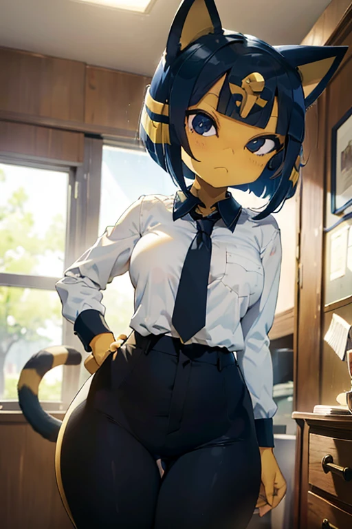 ankha, anime style, catgirl, cat ears, yellow fur, blue hair, blue cat tail, yellow stripes tail, shorts hair, wide hips, thick thighs, huge round ass, medium breast, business suit, formal suit, white shirt, long sleeve black formal suit, black necktie, black strict trouser, secretary pose, office, absurdres, high res, ultrasharp, 8K, masterpiece, looking at viewer