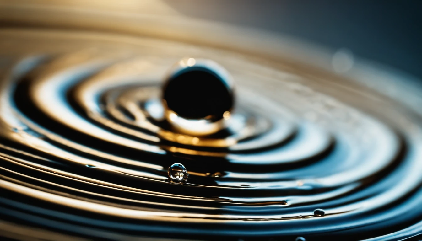 a close-up shot of a water droplet on a surface, capturing the intricate ripples and patterns formed by the vibrations, showcasing the dynamic nature of water under the influence of vibration