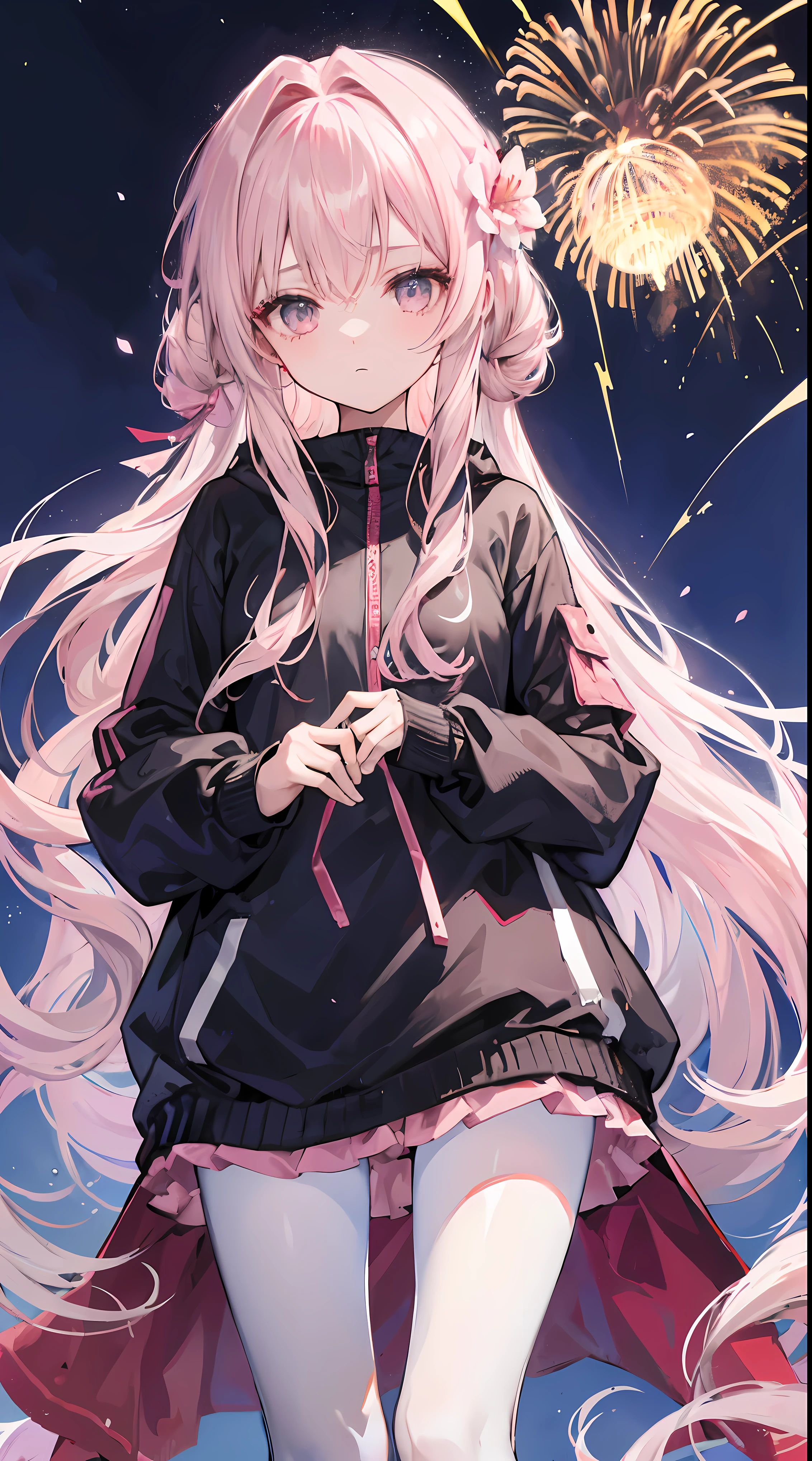 Light pink and uneven long hair,The hair curtain is very long,The hair curtain covers one eye,hair slightly upward,Has gray eyes,Eyes sparkle,Girl of medium build,There is a flower on the head,sunset over empty countryside,Holding a lit fireworks stick in his hand,He is wearing a pink tracksuit,white cape dress,I look lonely and lonely,The atmosphere is desolate,cold shades,He bowed his head,Black silk pantyhose