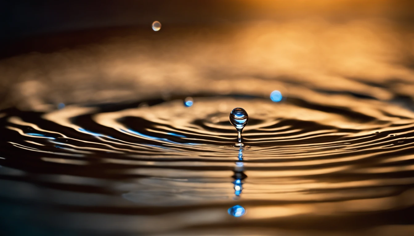 a macro shot of a vibrating water surface, showcasing the beautiful and intricate patterns created by the interaction of water molecules, with light reflecting off the ripples, creating a mesmerizing image