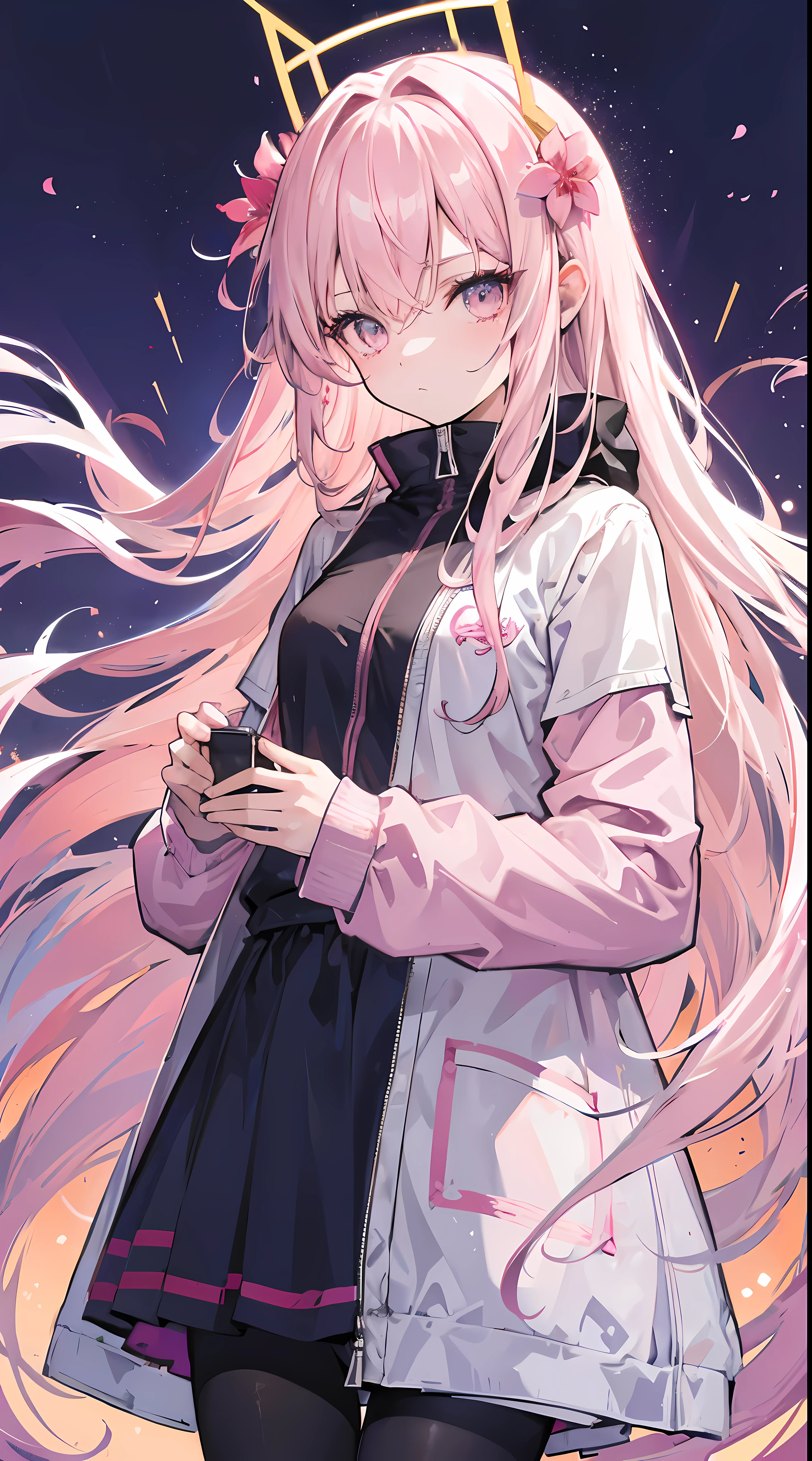 Light pink and uneven long hair，The hair curtain is very long，The hair curtain covers one eye，hair slightly upward，Has gray eyes，Eyes sparkle，Girl of medium build，There is a flower on the head，sunset over empty countryside，Holding a lit fireworks stick in his hand，He is wearing a pink tracksuit，white cape dress，I look lonely and lonely，The atmosphere is desolate，cold shades，He bowed his head，Black silk pantyhose