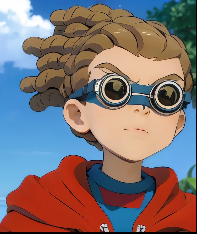 young man with brown curly hair and round glasses.