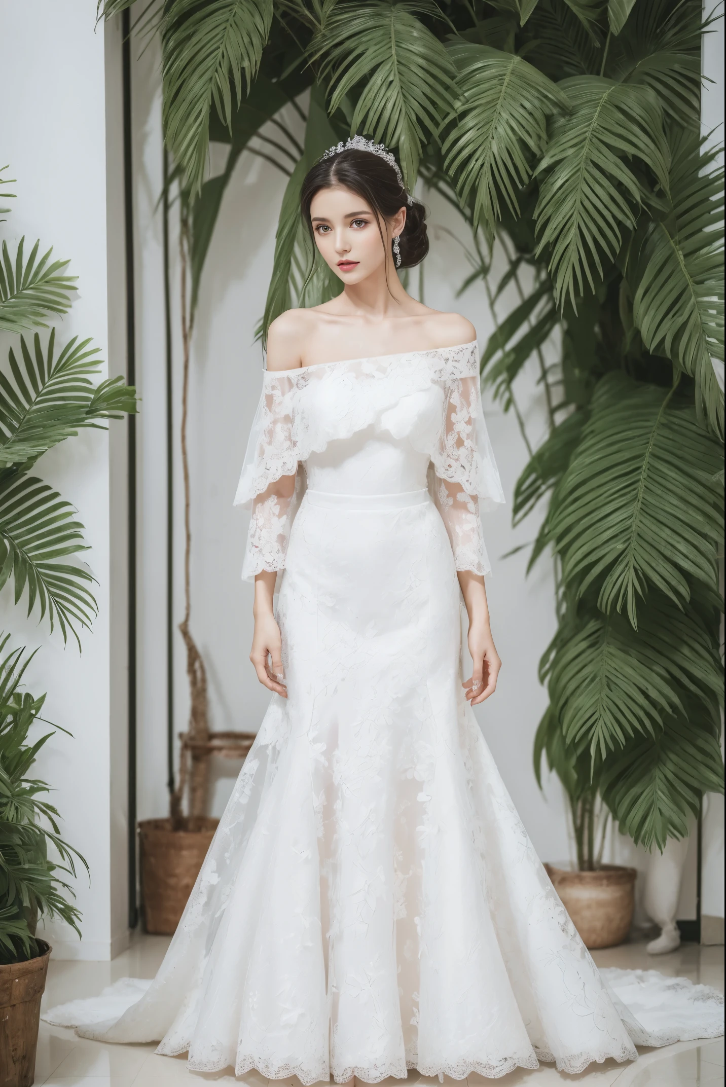 (full body photo), Best quality, 8k, 32k, Masterpiece, Masterpiece, (Photorealistic: 1.4), RAW photo, ultra realistic, 1girl, stand upright, wearing a white off shoulder wedding dress, haute couture, floor-length, lace trim fabric, Take product photos in white room with indoor decorative palm tree,